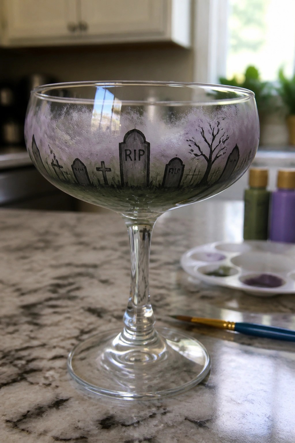 Hand-painted glass coupe with purple graveyard scene of RIP tombstones and tree
