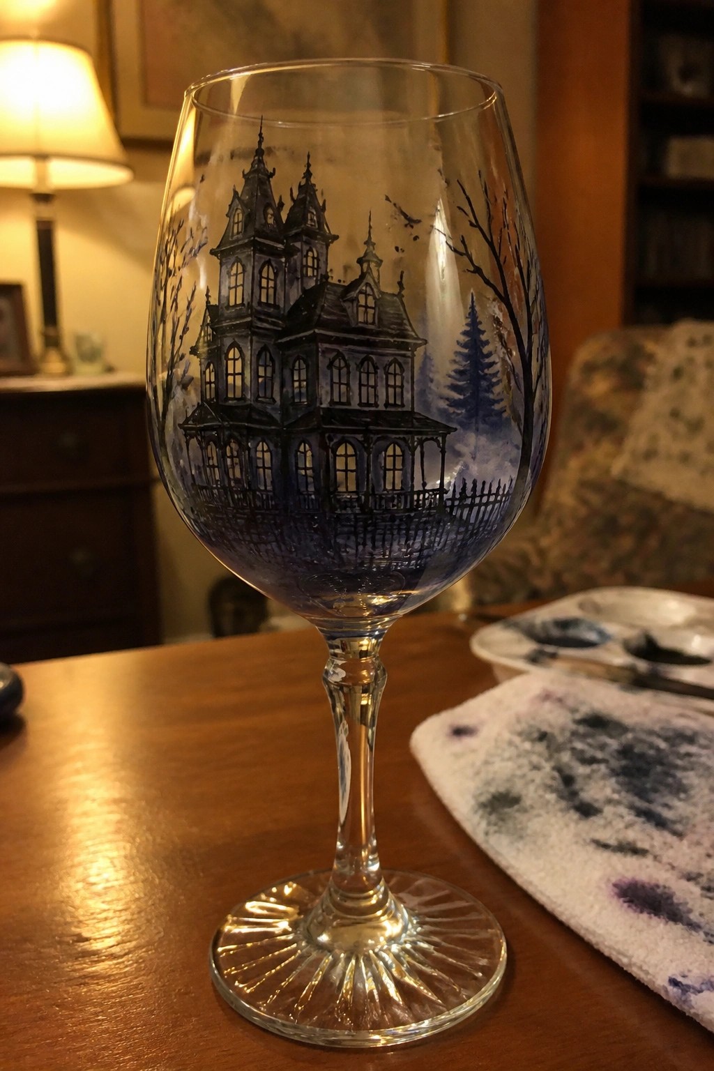 Wine glass hand-painted with dark blue haunted Victorian mansion, trees, and fence.
