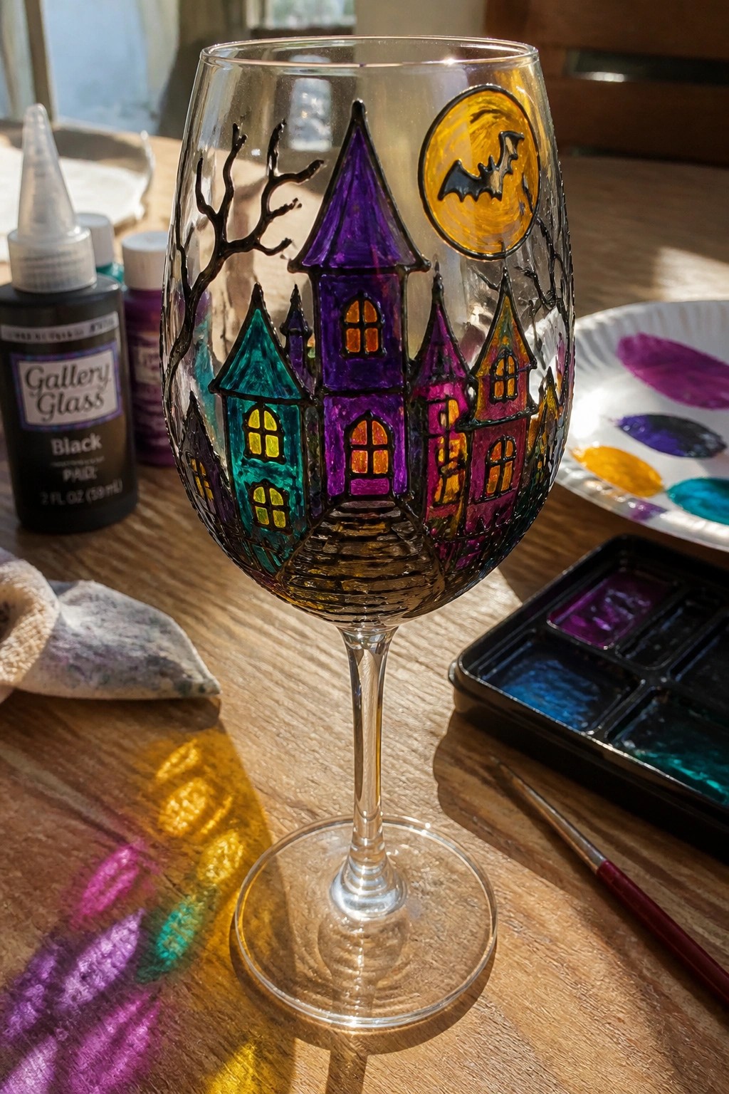 Painted wine glass with colorful haunted castle, moon, and bat amid art supplies
