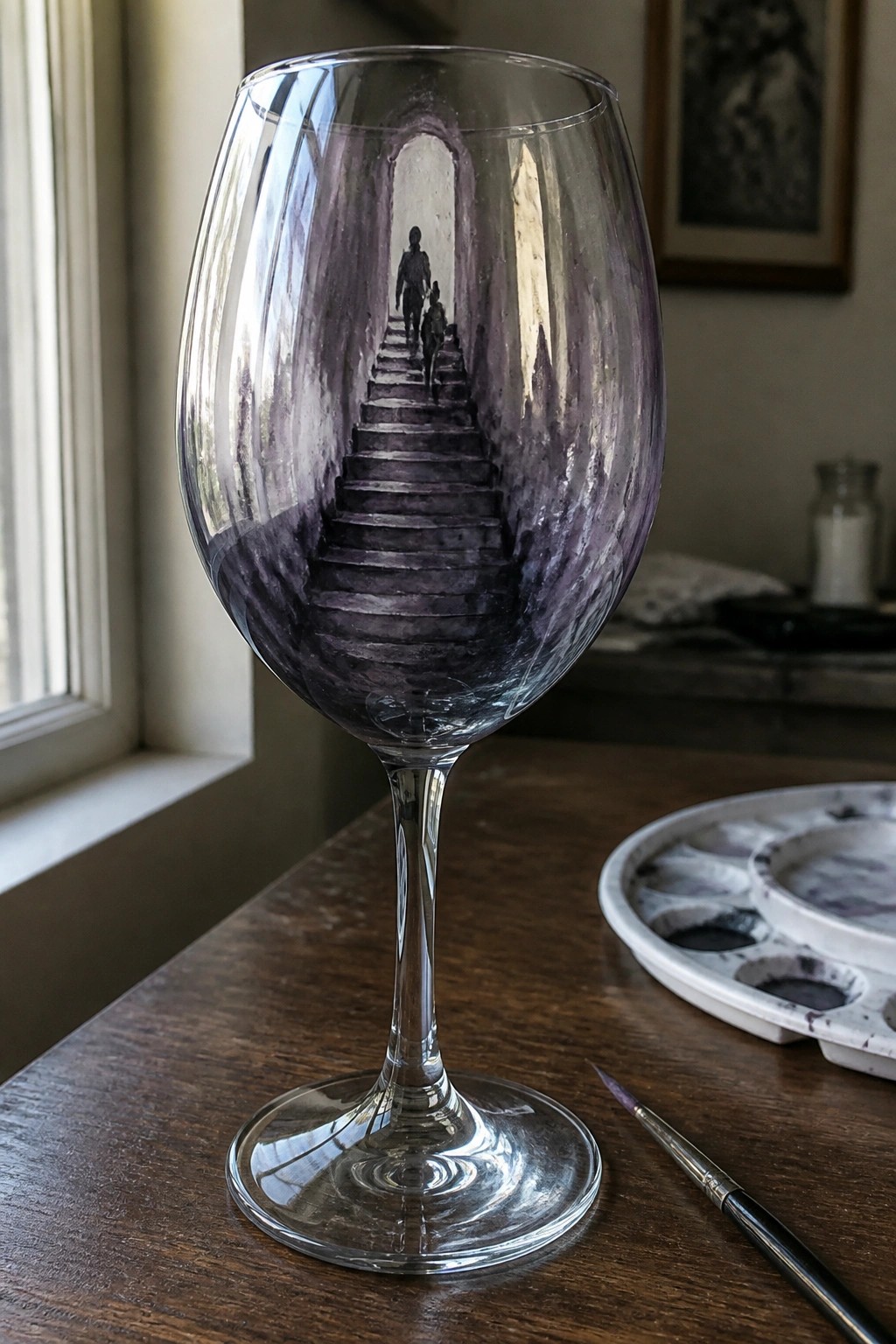 Wine glass with purple watercolor painting of figures climbing stairs