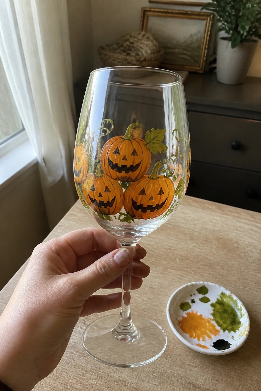 Hand holding wine glass hand-painted with orange jack-o'-lantern pumpkins beside paint dish