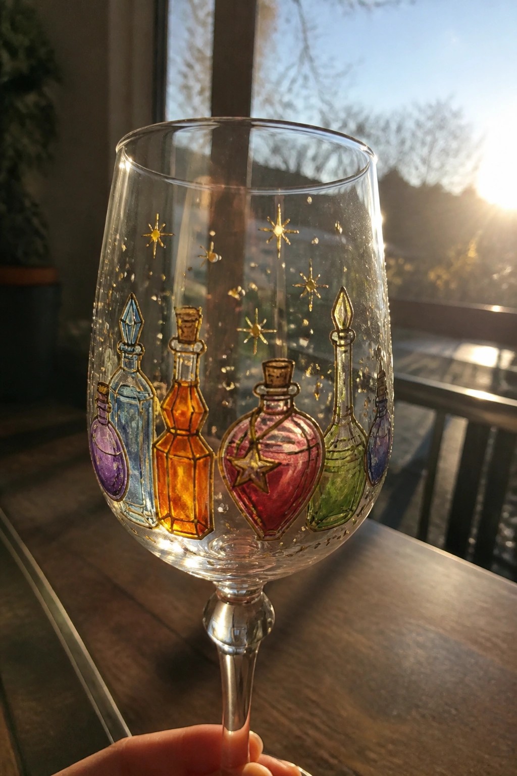 Hand holding clear wine glass painted with colorful potion bottles and gold stars