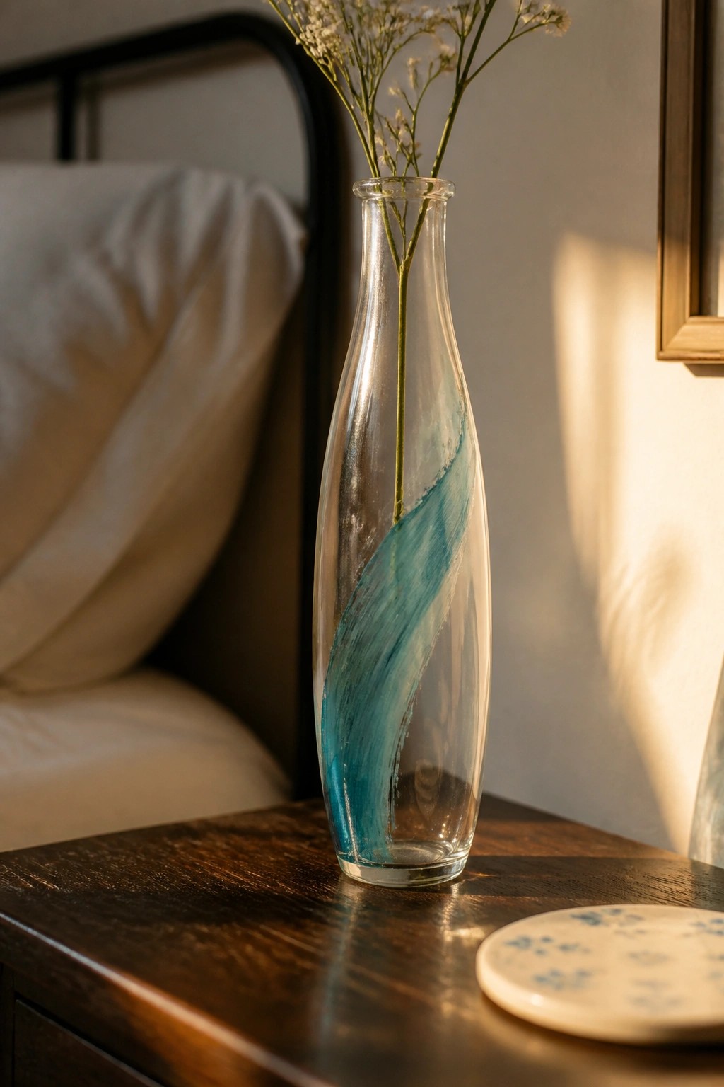 Tall glass vase with blue brushstrokes holding white flowers on wooden table