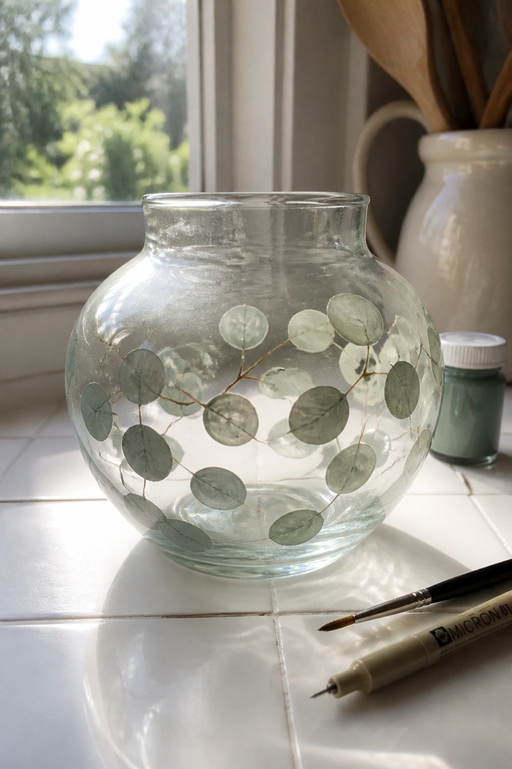 Glass vase with green painted leaves beside paint jar, brush, and pen on tile.