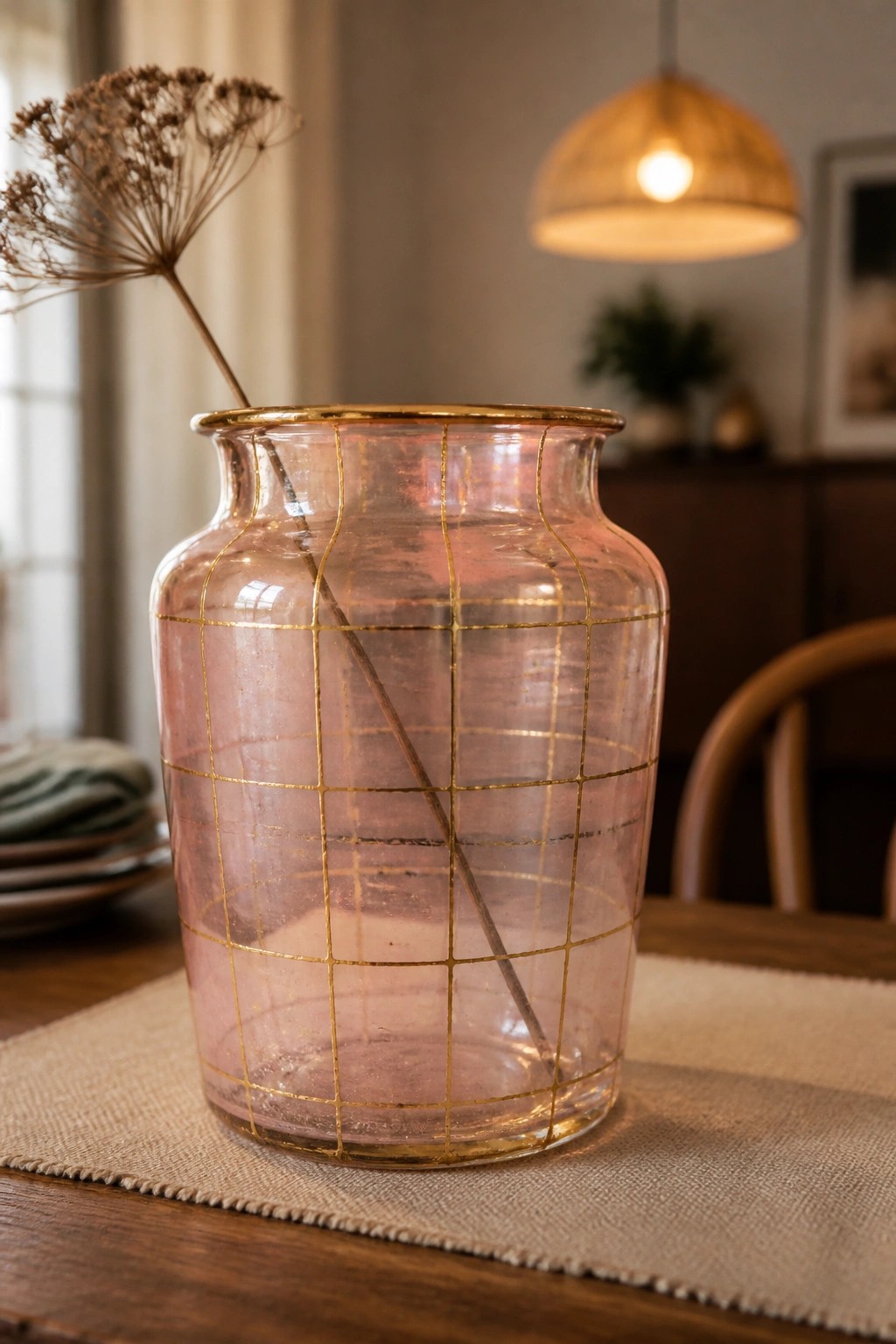Pink glass vase with gold grid pattern holding dried flower on wooden table