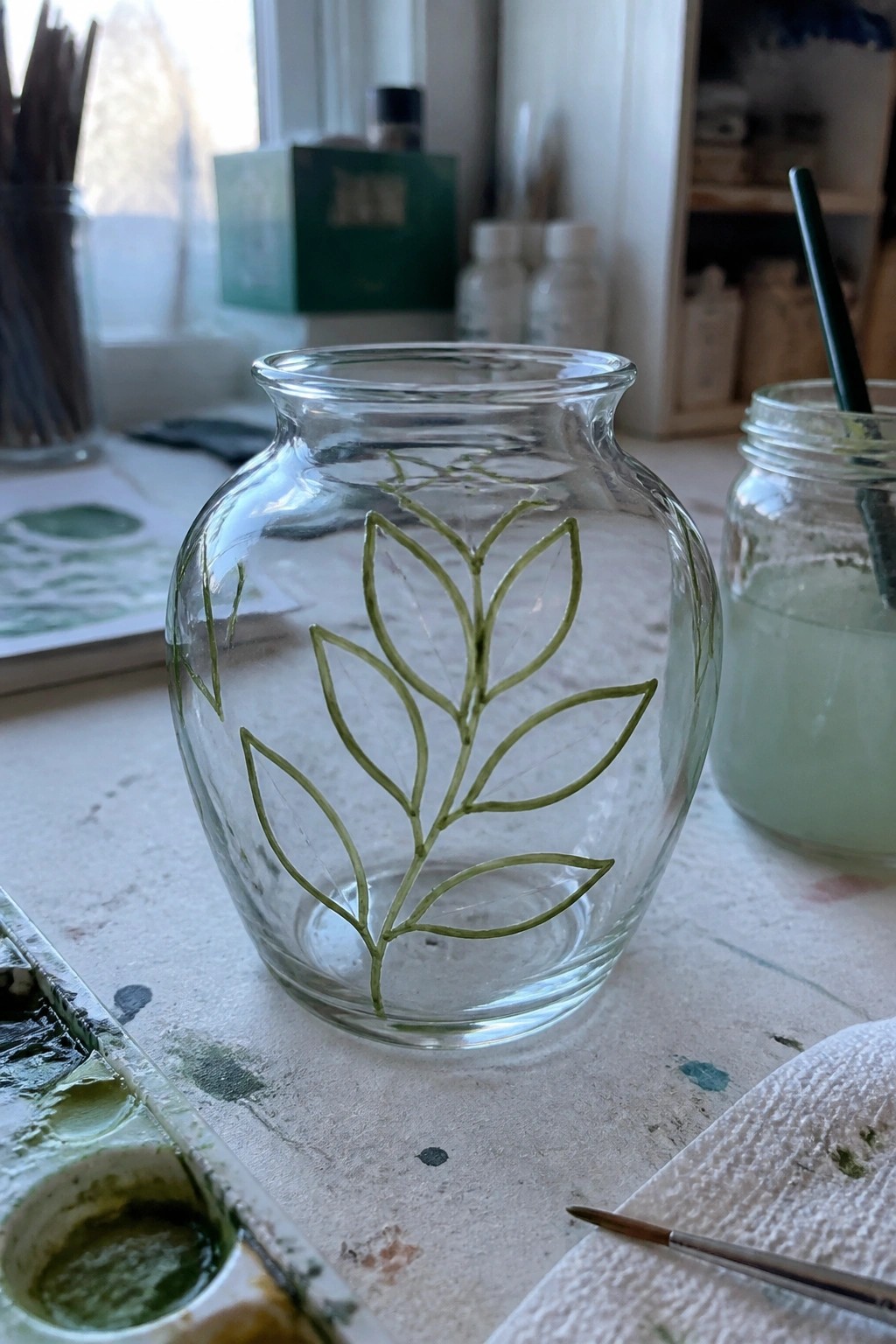 Glass vase with green leaf design on paint-splattered table beside palette and brush