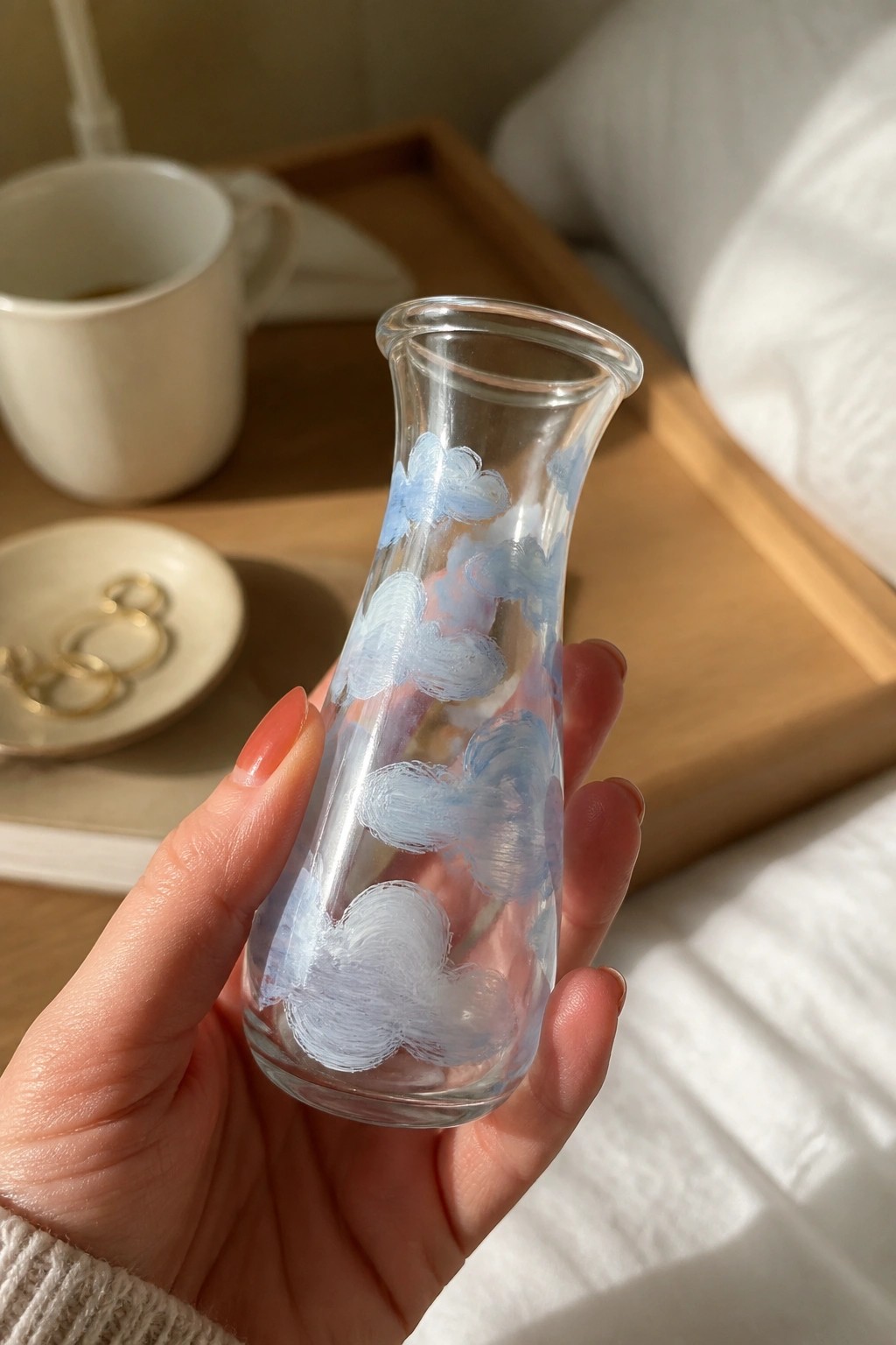 Hand with coral nails holding glass vase painted with blue clouds