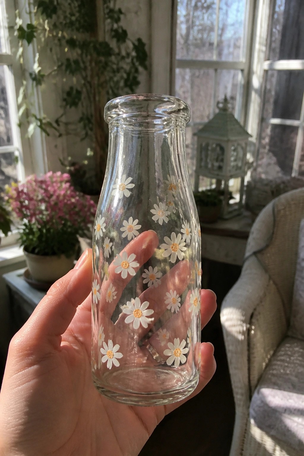 Hand holding clear glass bottle with white daisy decals in sunny room