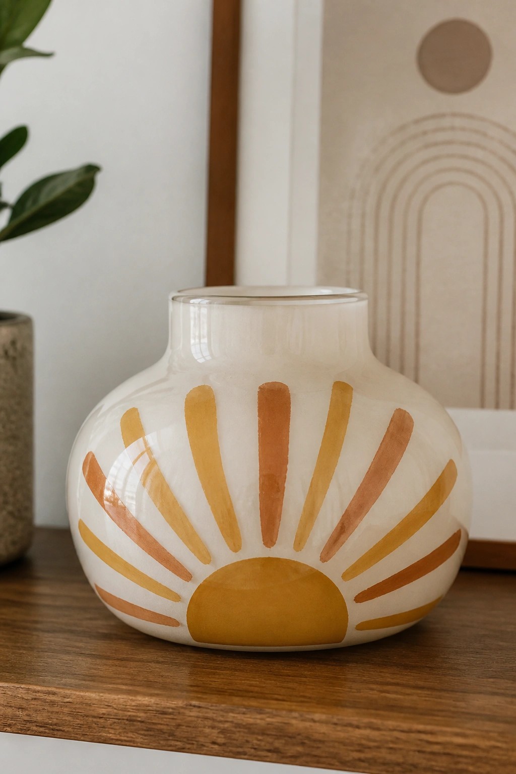 A round glass vase with a painted sunburst design in yellow and orange sits on a wooden surface.