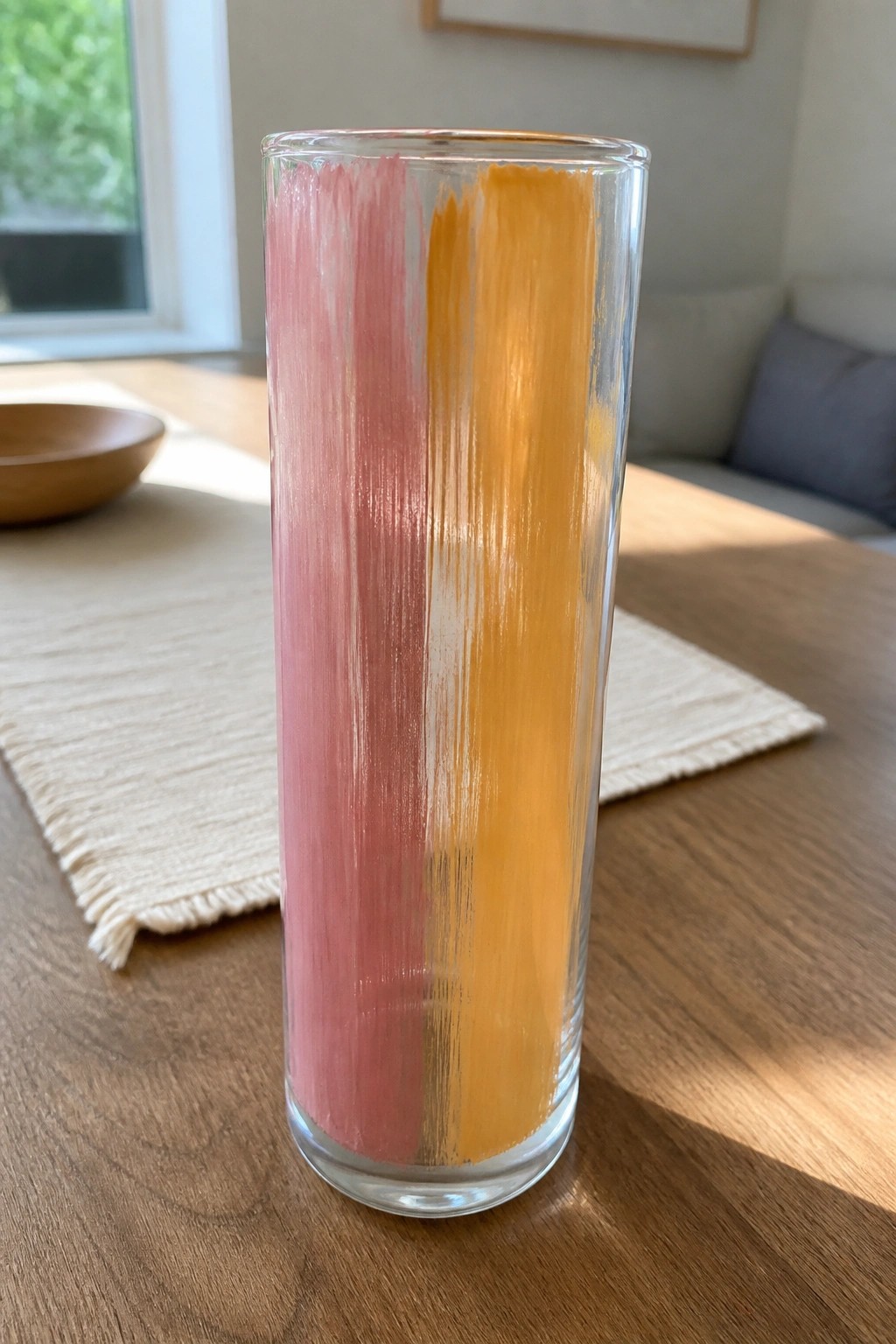 Tall glass vase with vertical pink and orange brushstrokes on wooden table