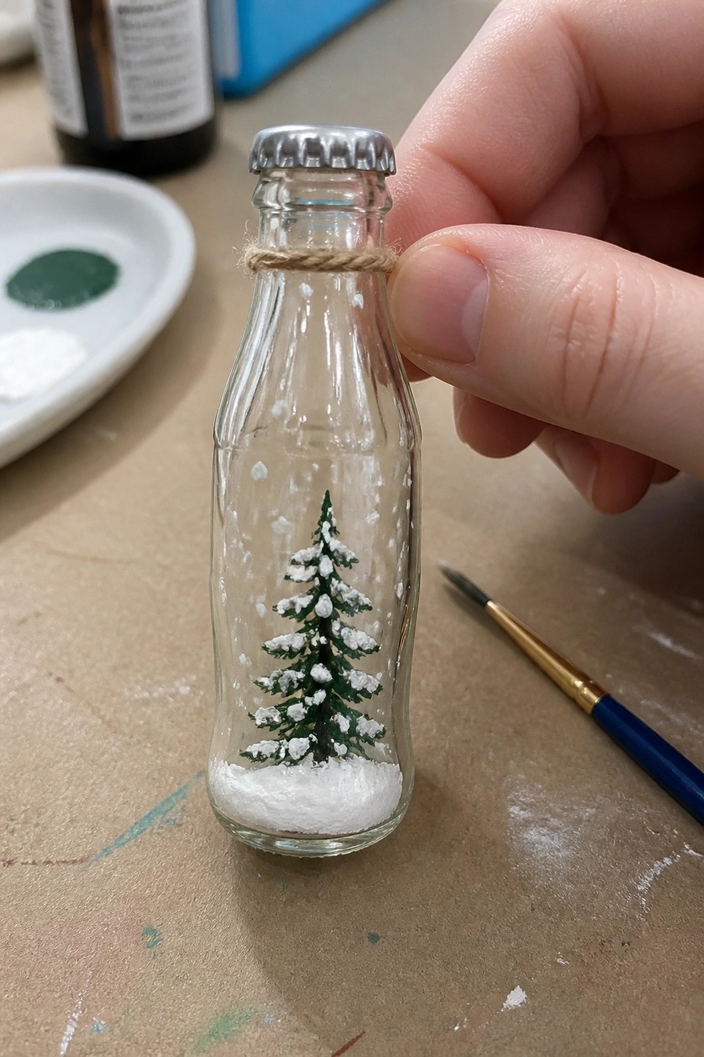 Hand holding miniature glass bottle with snow-dusted green Christmas tree inside.