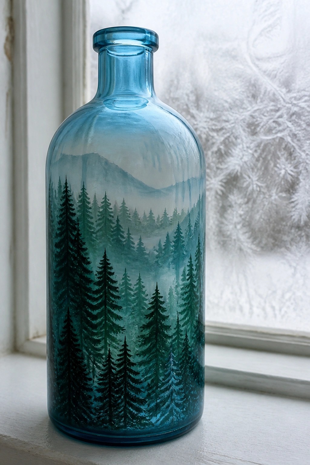 Blue glass bottle painted with misty evergreen forest and mountains on windowsill