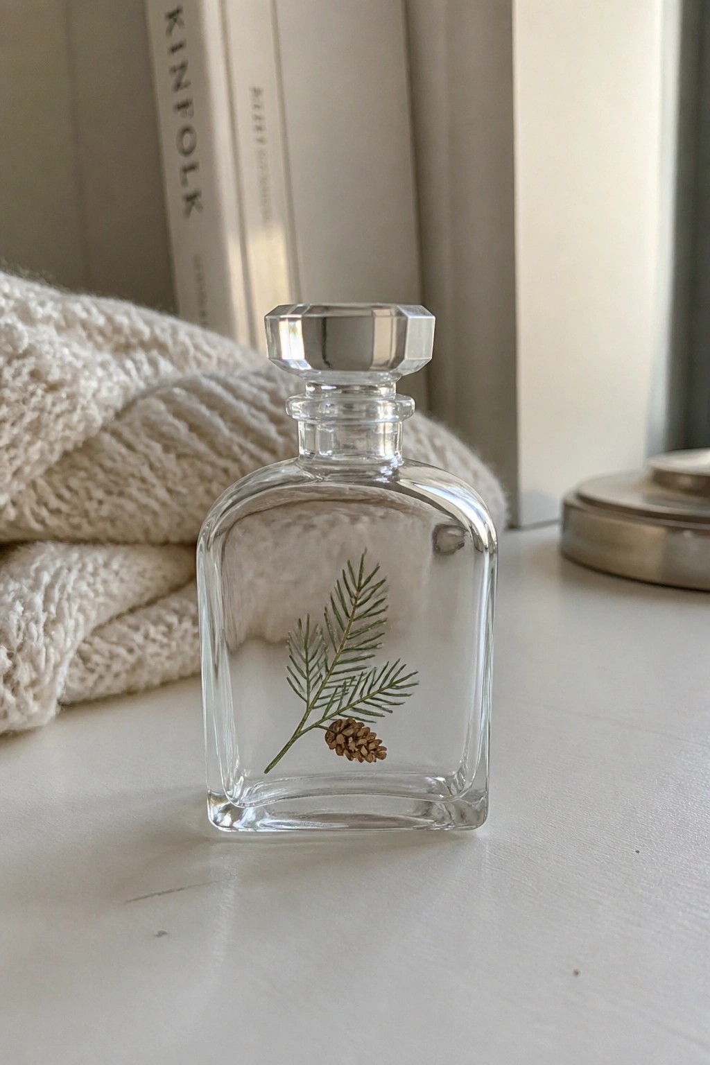 Clear glass bottle with pine sprig and cone beside white knit fabric and books