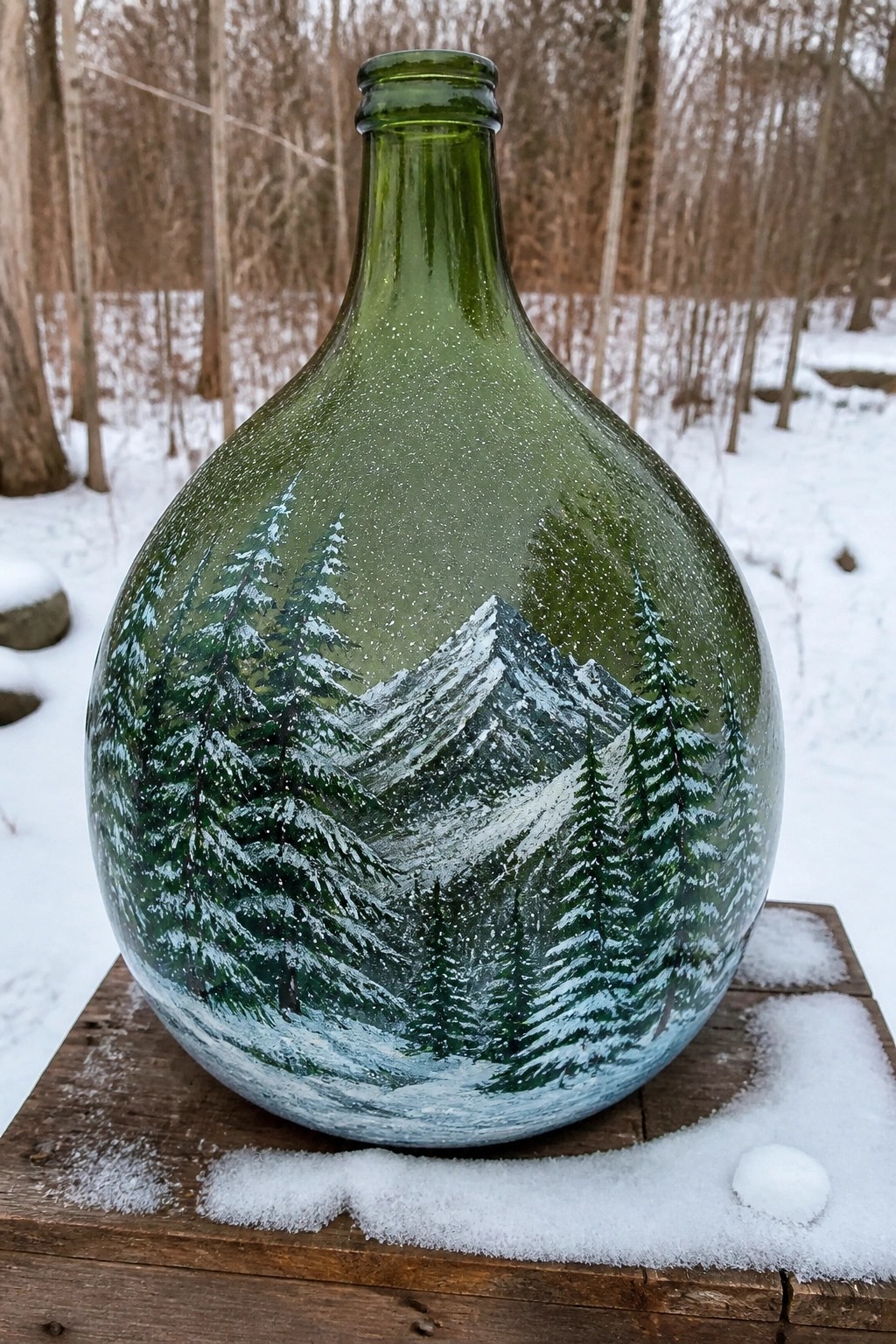 Green glass bottle painted with snowy mountains and pine trees on wooden plank