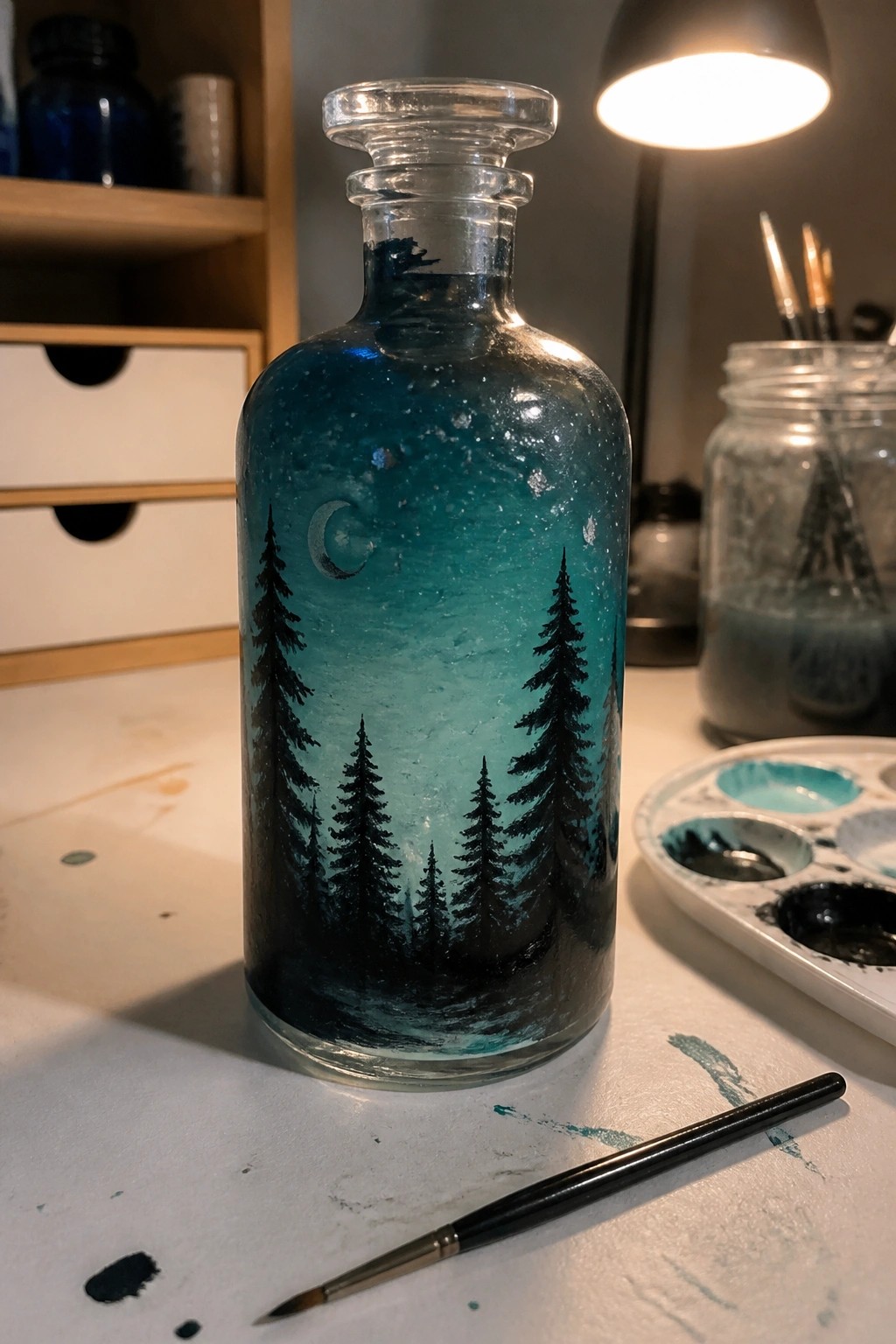 A glass bottle painted with a teal night sky, crescent moon, stars, and black pine tree silhouettes sits on a white table with a paint palette and brush nearby.