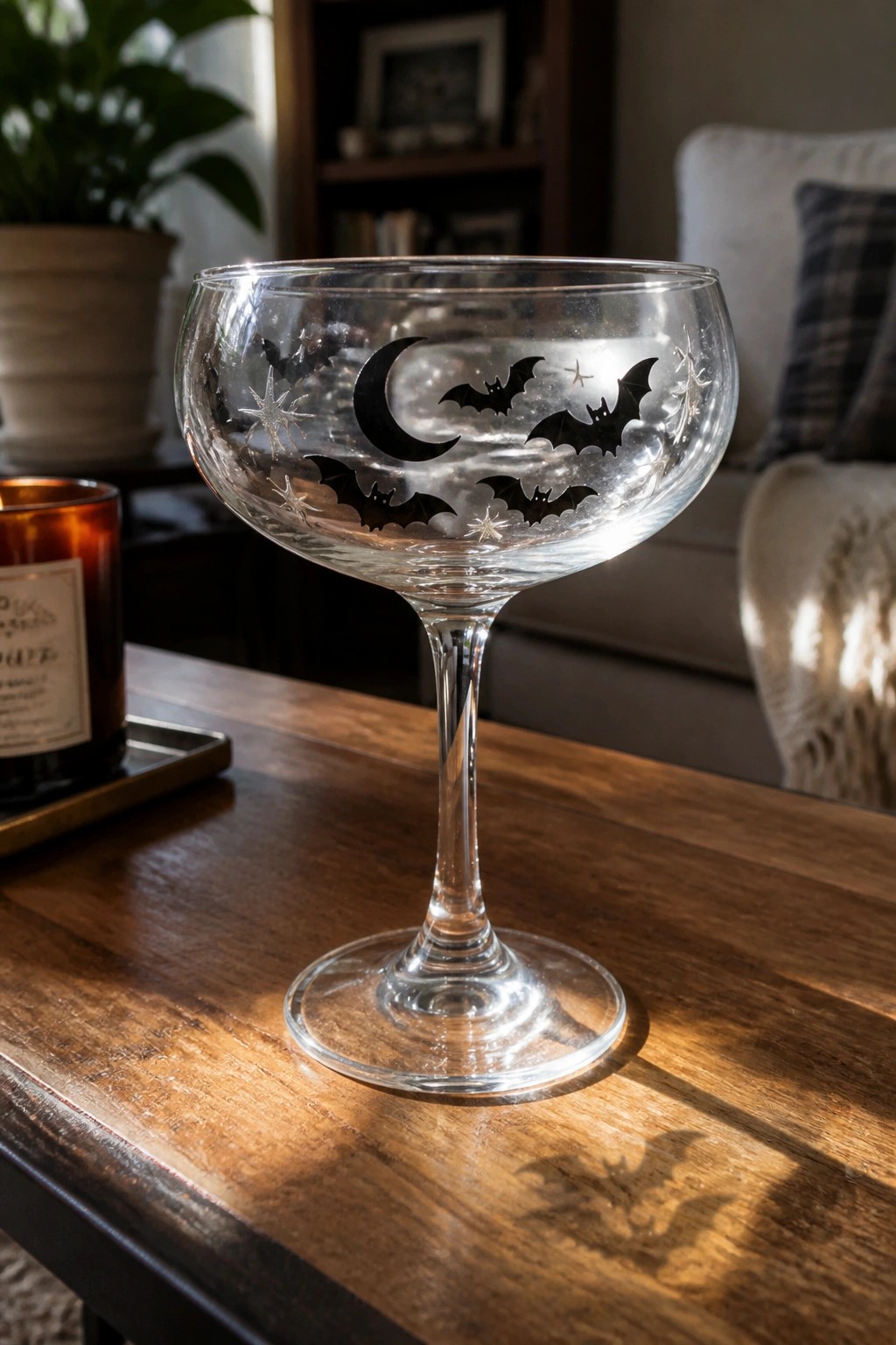 Etched coupe glass with bats, moon, and stars on sunlit wooden table.