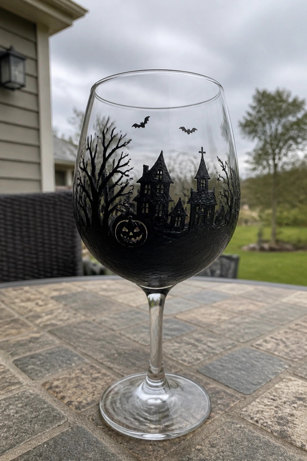Wine glass with black haunted house, pumpkin, bats, and bare trees silhouette on patio table
