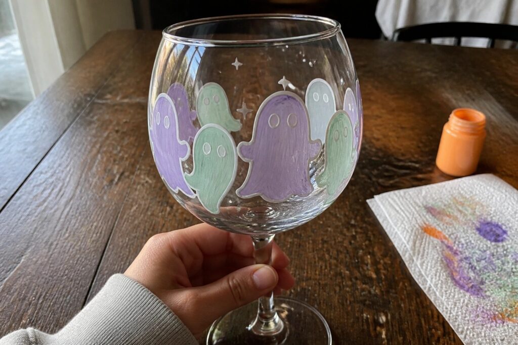 24 Unique Halloween Painted Wine Glasses Featuring Ghosts, Pumpkins, and Bats Wine glass hand-painted with purple and mint green ghosts on wooden table beside orange paint