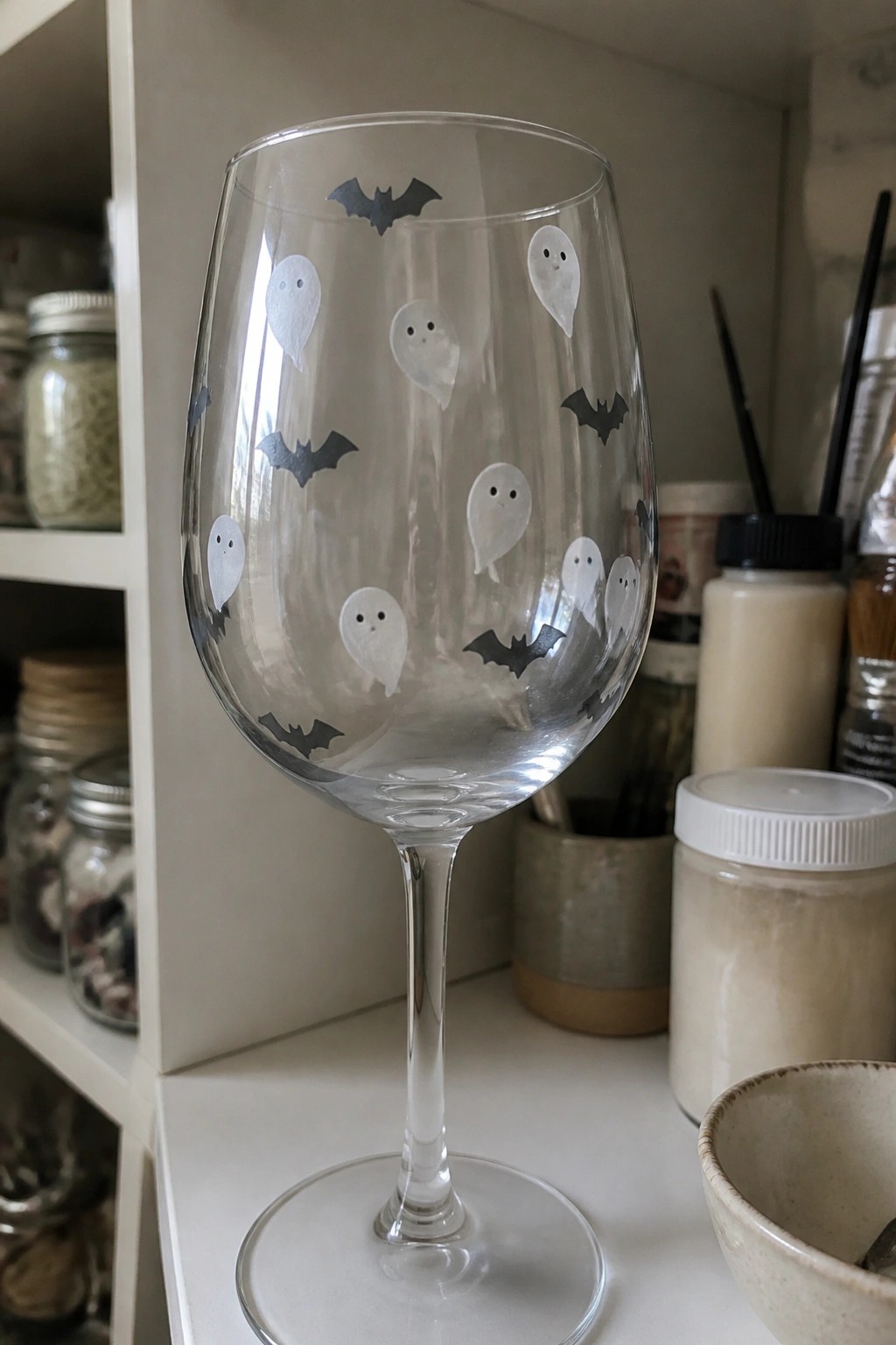 Stemmed wine glass decorated with white ghosts and black bats amid craft supplies