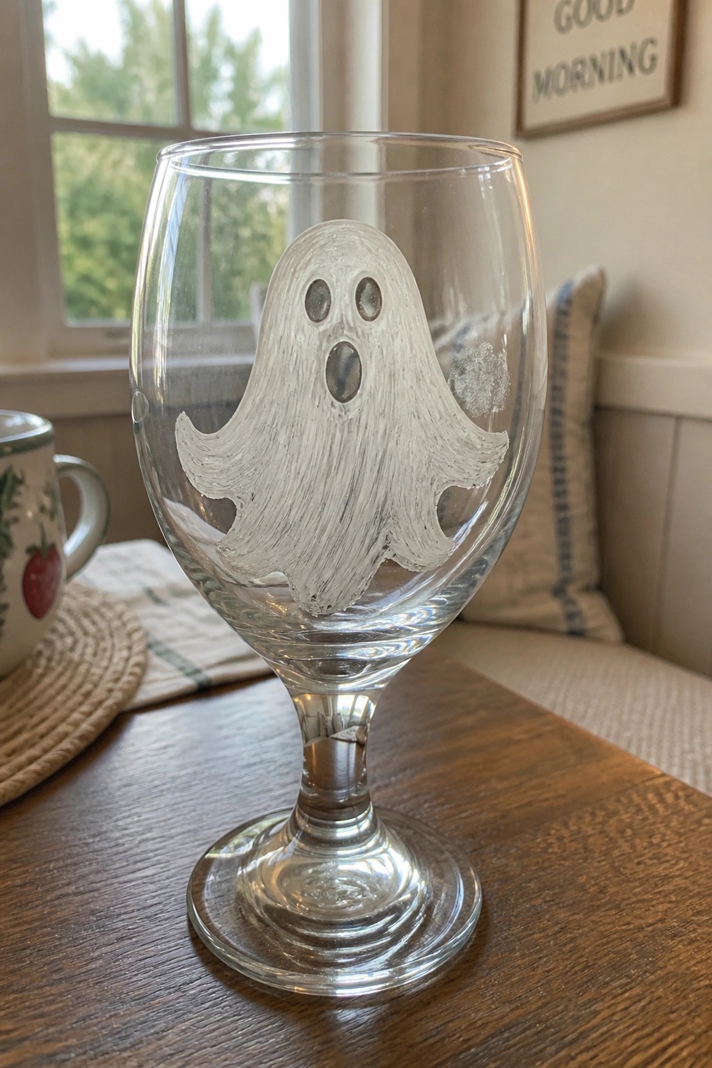 Clear glass goblet with white ghost design on wooden table