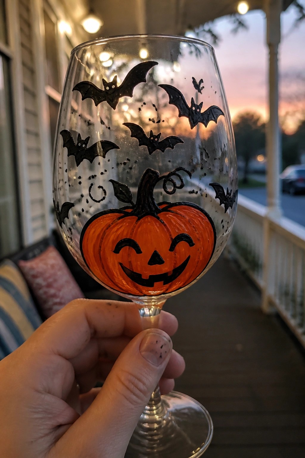 Hand holds wine glass painted with orange pumpkin face and black bats on porch.