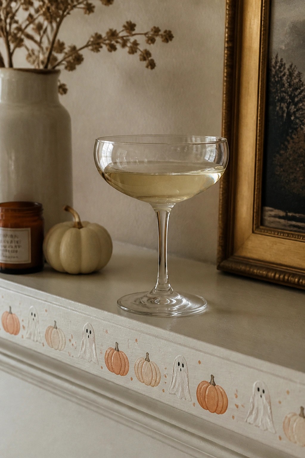 Coupe glass of pale liquid on mantel painted with pumpkins and ghosts
