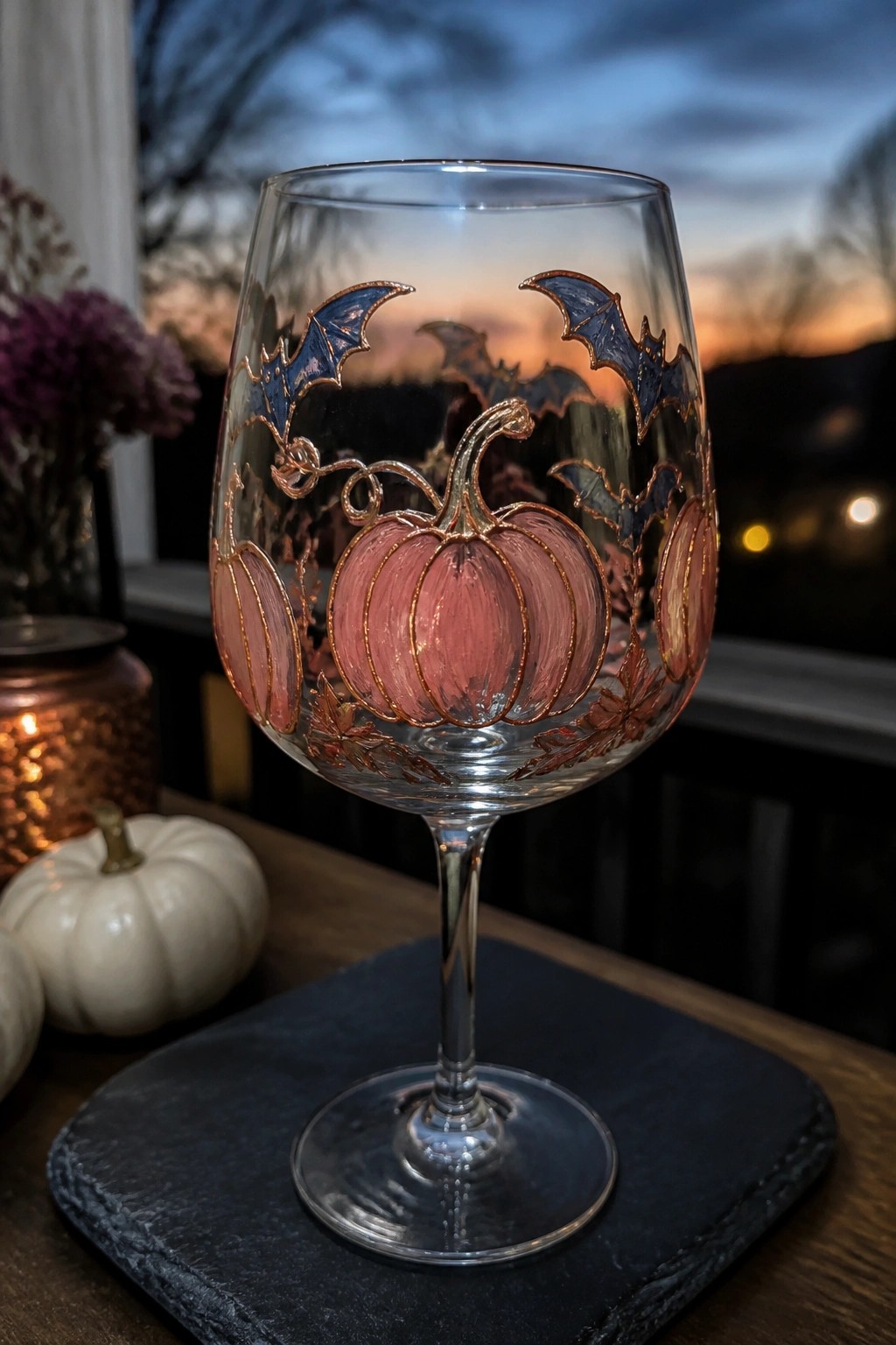 Wine glass with pink pumpkins, blue bats, and gold accents on dark coaster
