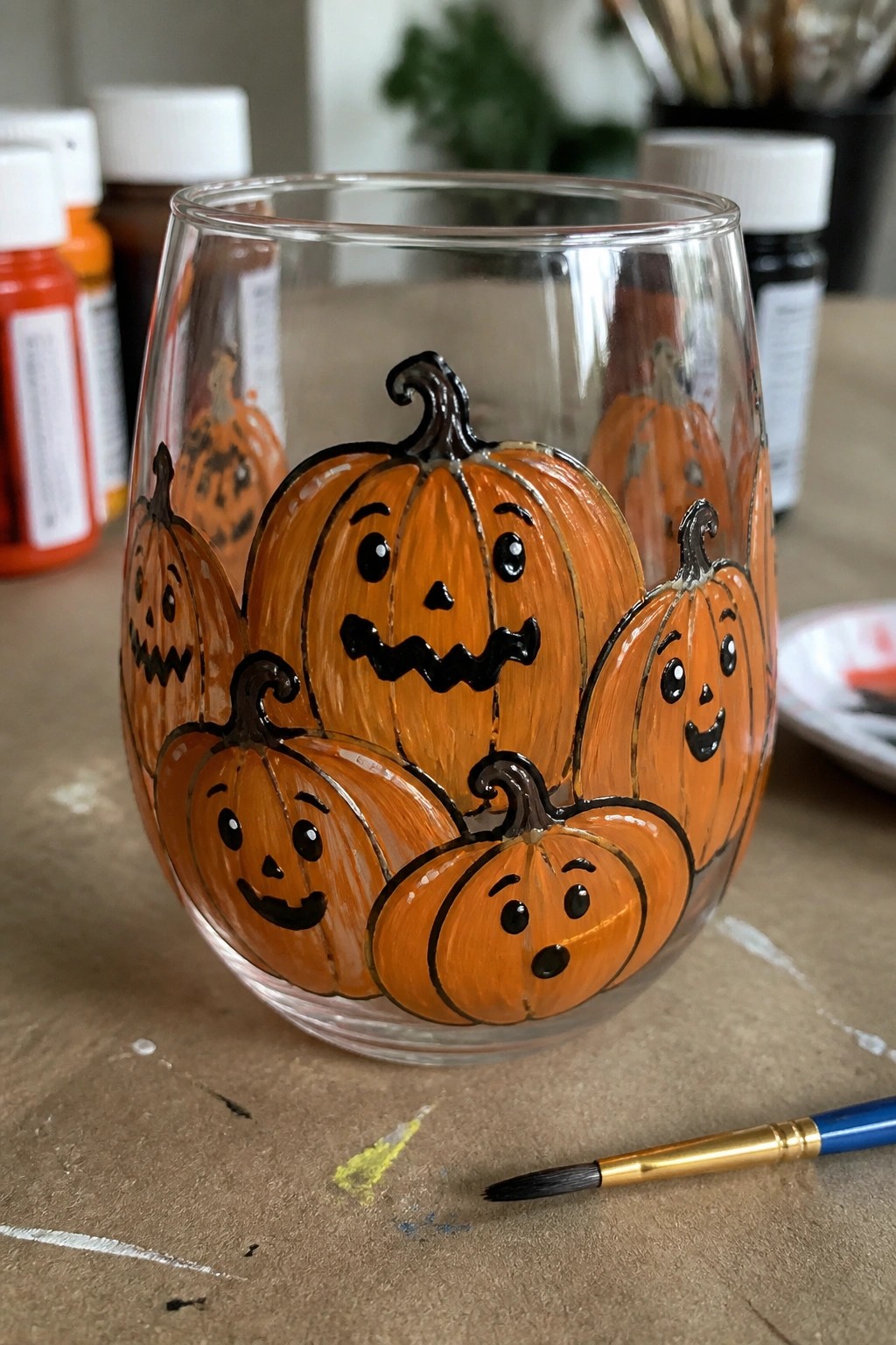 Clear glass painted with cluster of orange jack-o'-lanterns on wooden table with paints