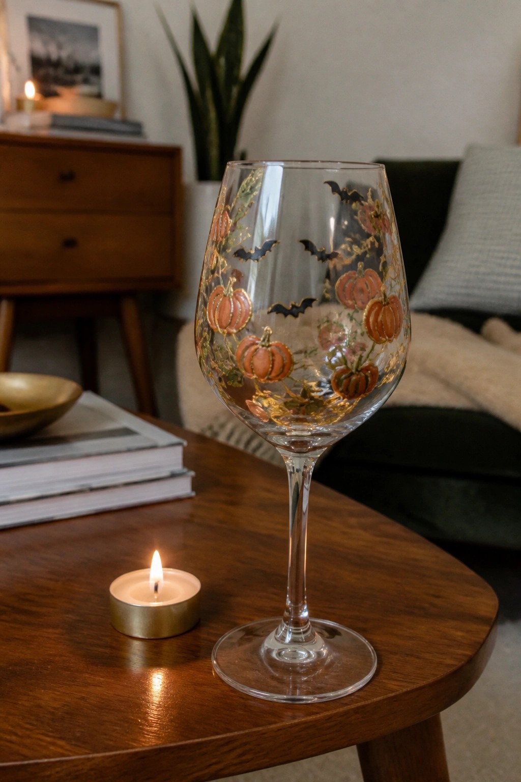 Halloween wine glass painted with pumpkins, bats, and florals beside lit candle on wooden table