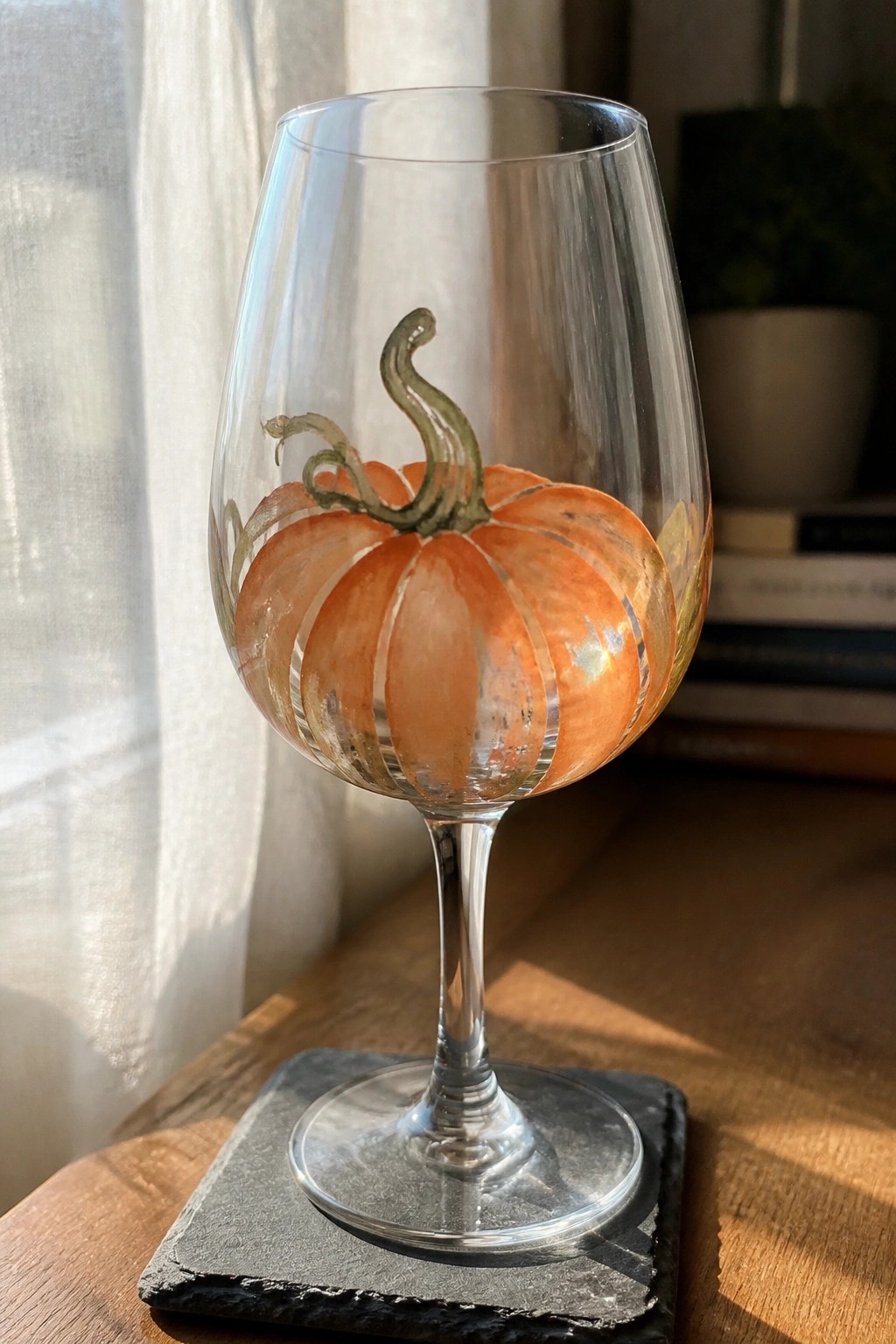 Stemmed wine glass with orange pumpkin painting on dark slate coaster on wood
