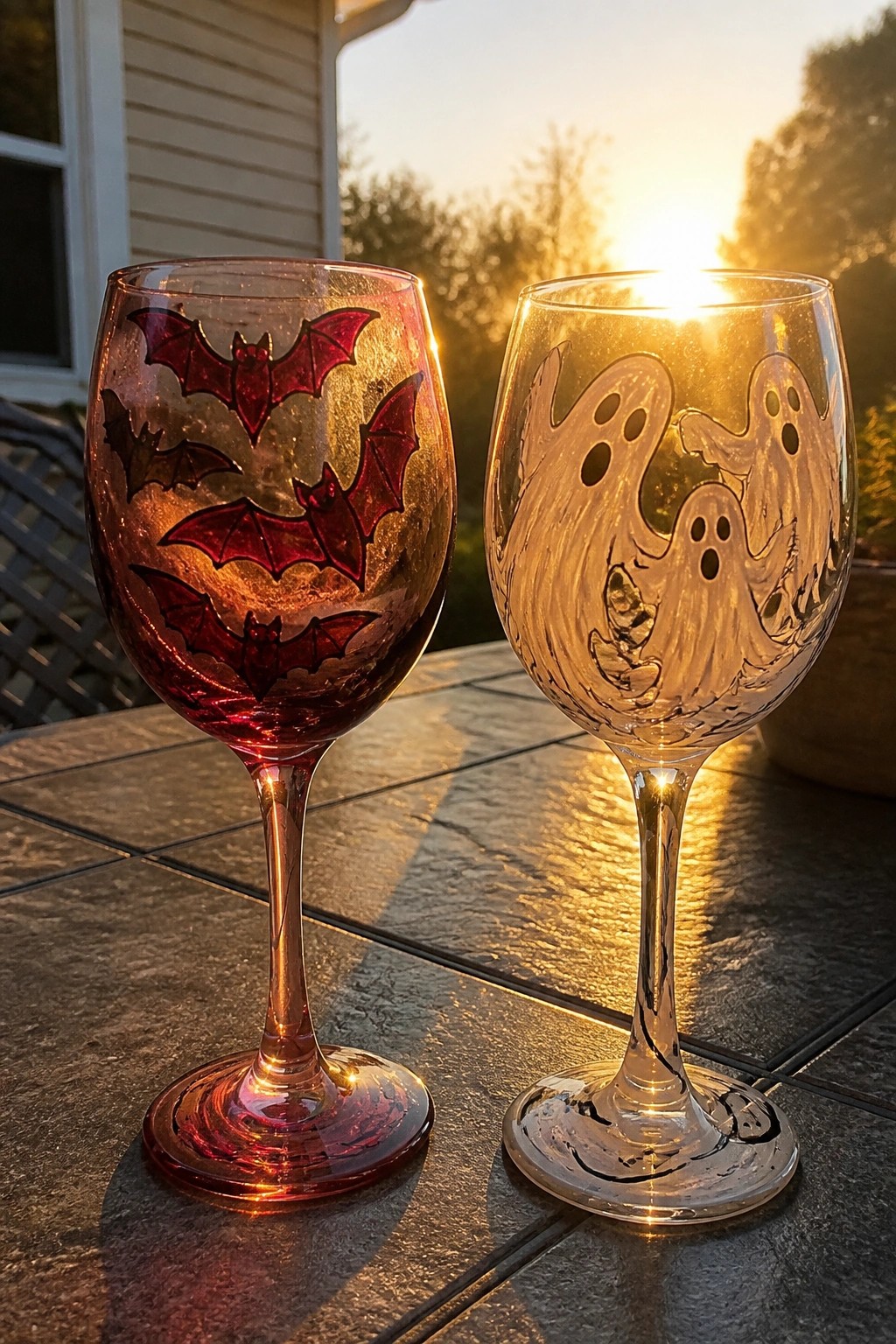 Two wine glasses with red bats and white ghosts on sunlit outdoor table at sunset