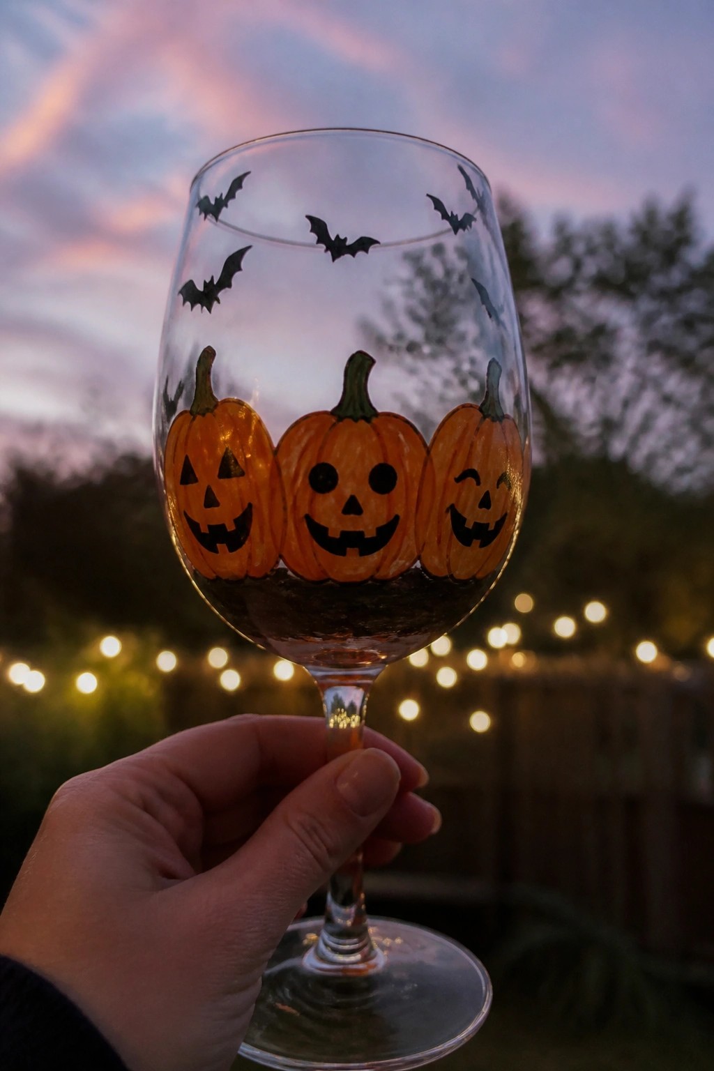 Hand holding wine glass painted with orange jack-o'-lanterns and black bats at dusk