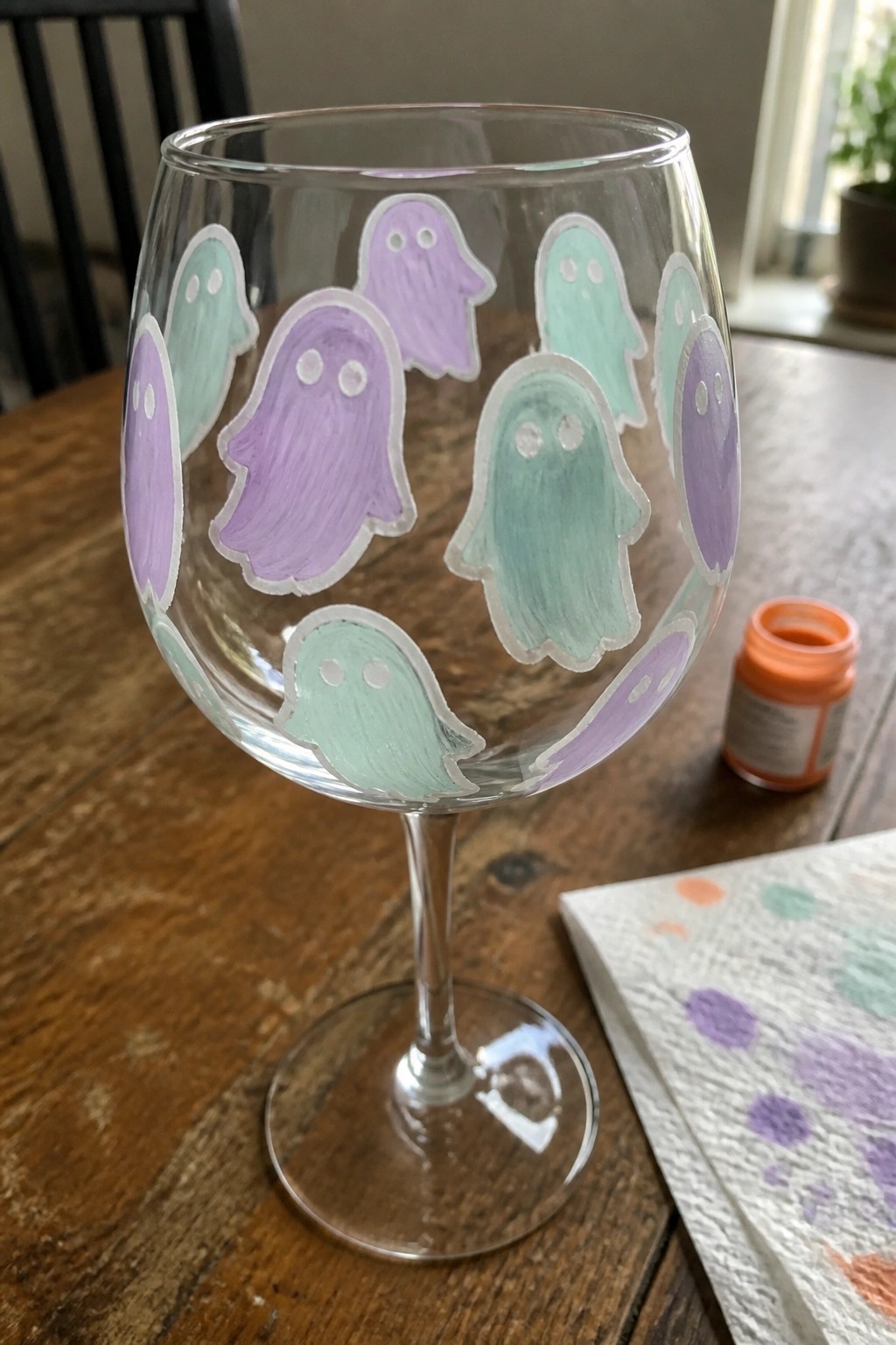 Wine glass hand-painted with purple and mint green ghosts on wooden table beside orange paint