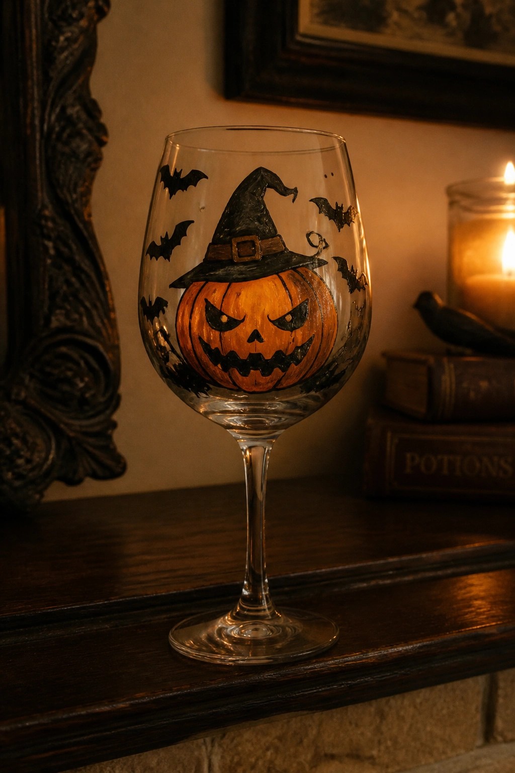 Painted wine glass with jack-o'-lantern in witch hat surrounded by black bats on wood.