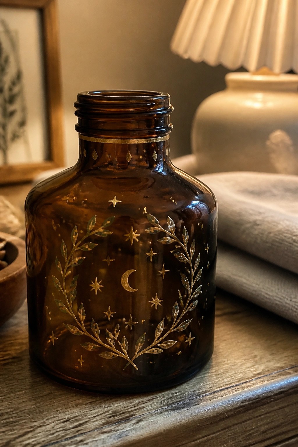 Brown glass bottle with gold stars, crescent moon, and leafy vines on wooden table.