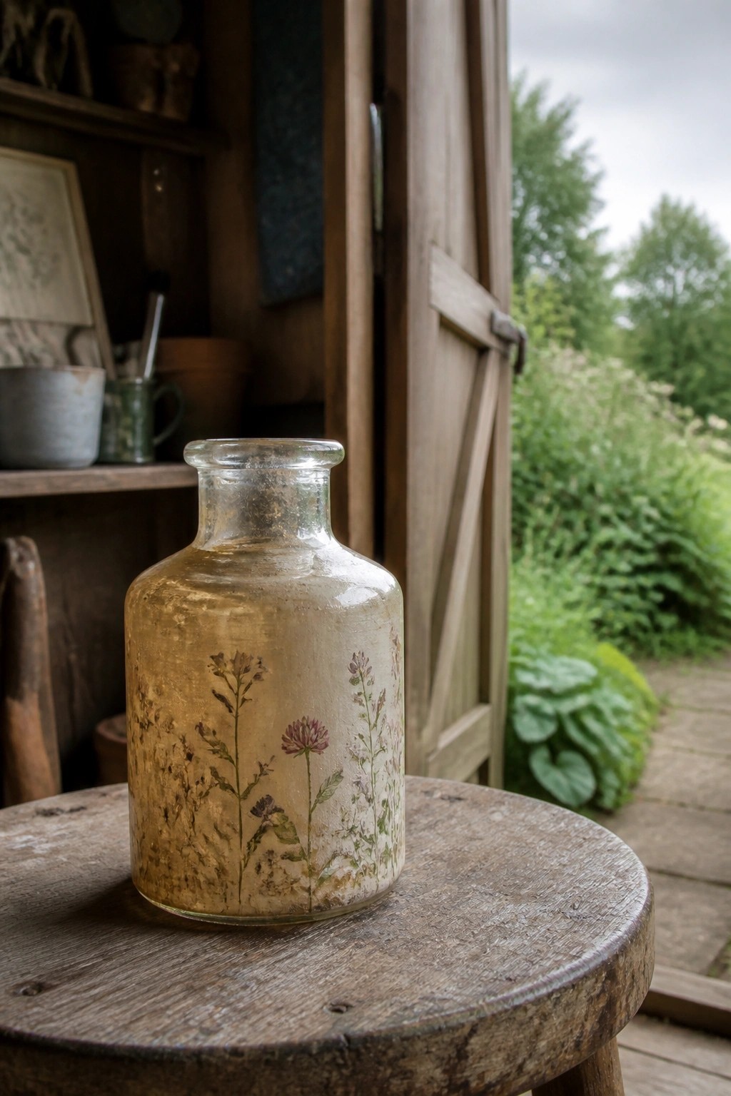 Vintage glass bottle with pressed flowers on weathered wooden stool in rustic shed