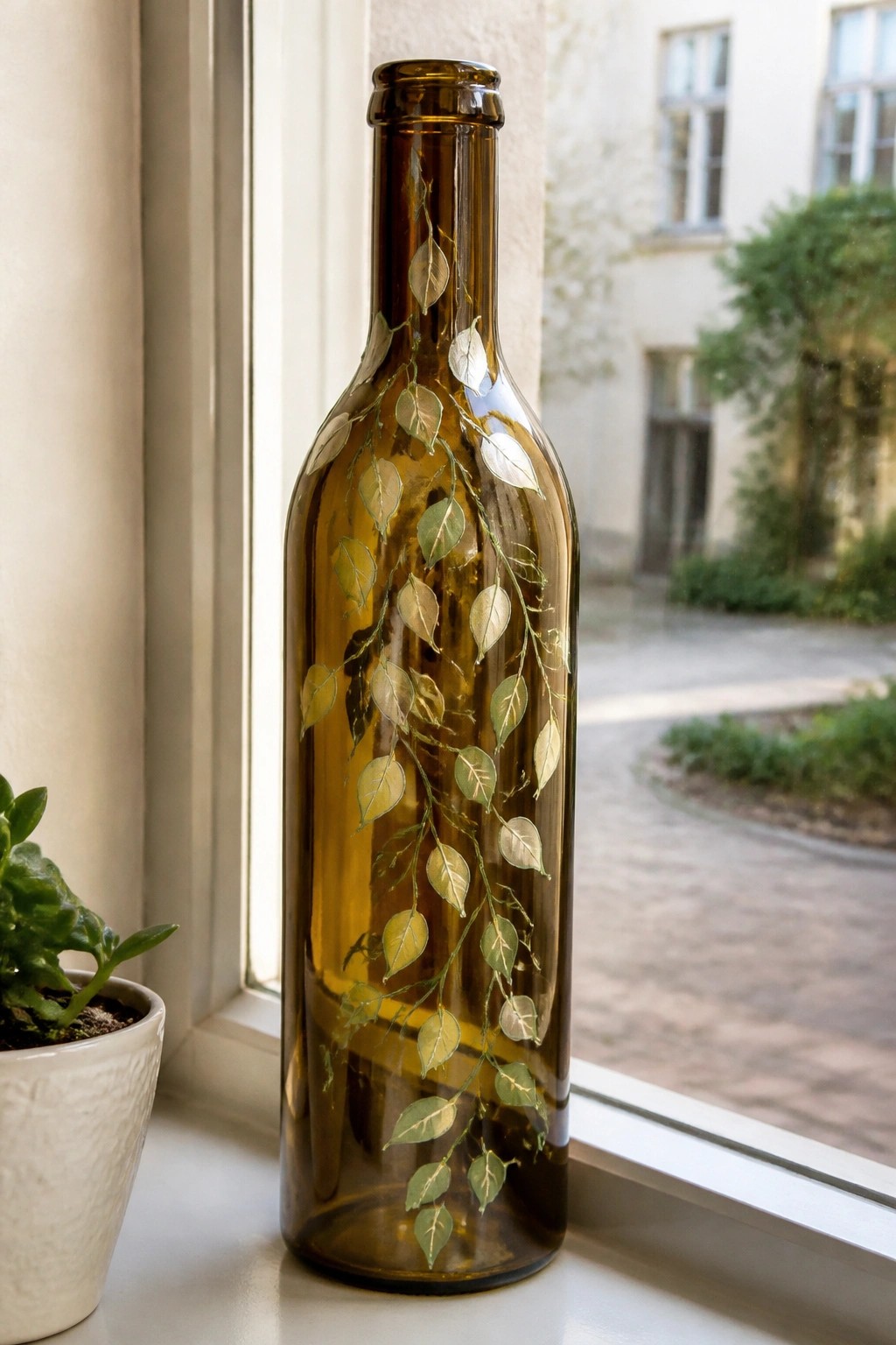 Amber bottle with green and silver leaf vines on a sunny windowsill beside plant