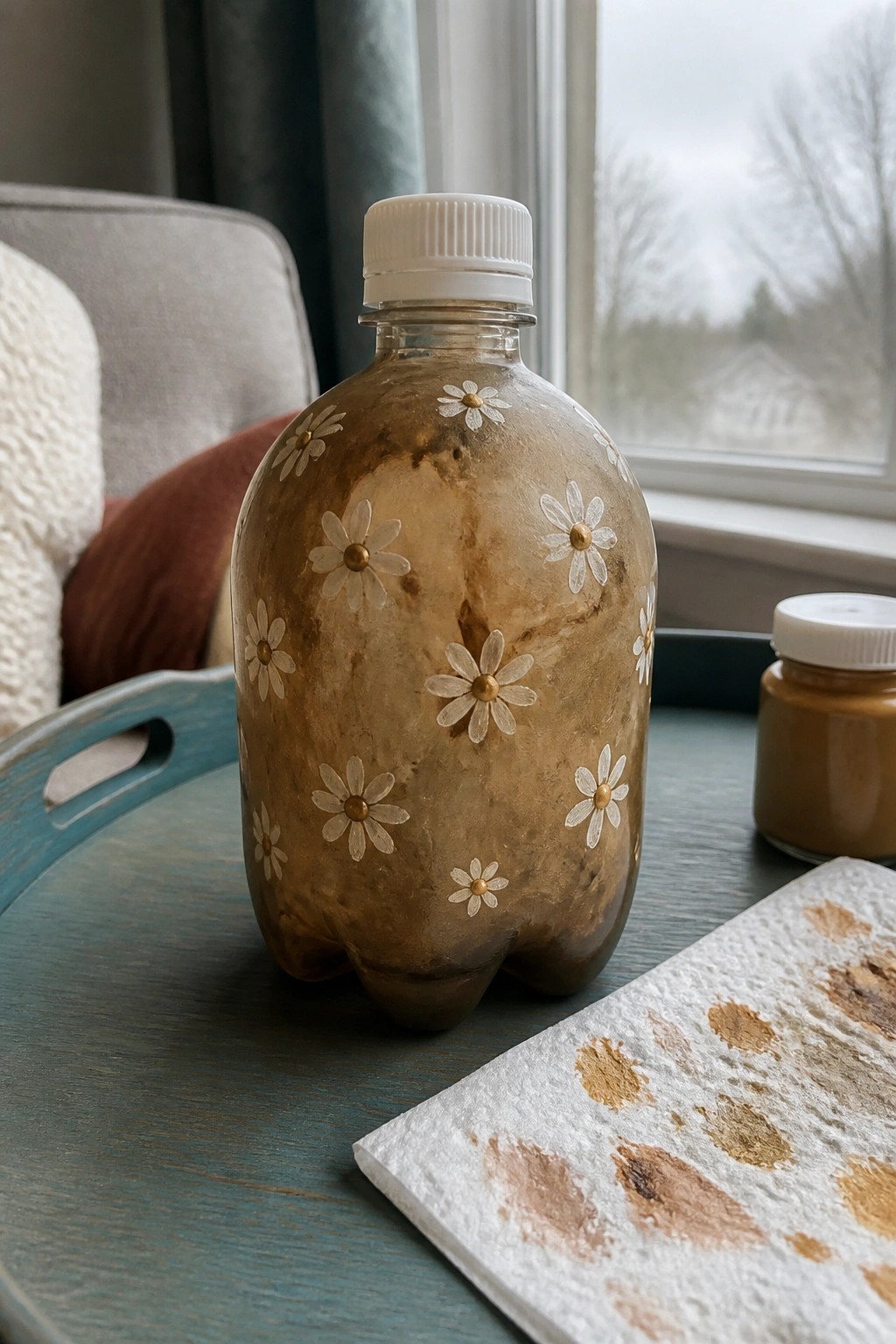 Brown bottle with daisy decals on blue tray beside paint jar and stained paper towel.