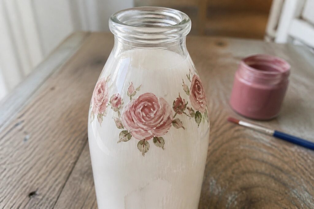 24 Vintage Painted Bottle Designs That Add Timeless Character White milk bottle hand-painted with pink roses beside paint jar and brush on wood.