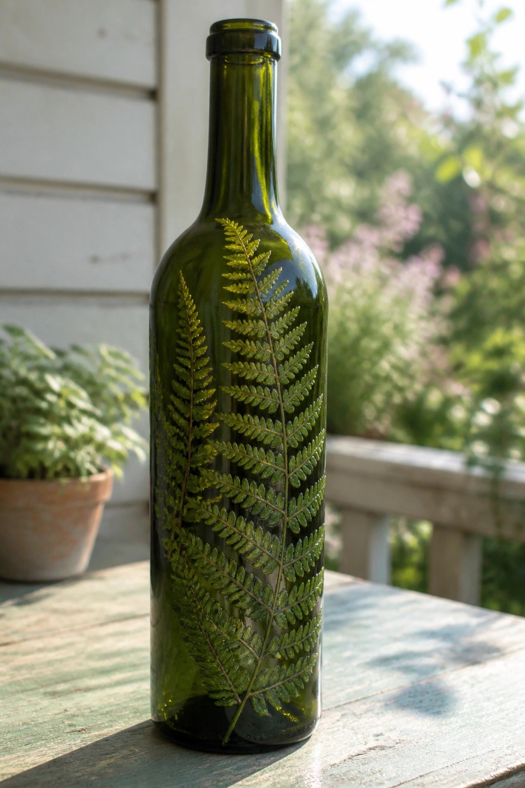 A green glass bottle decorated with painted fern fronds sits on a weathered wooden table outdoors.