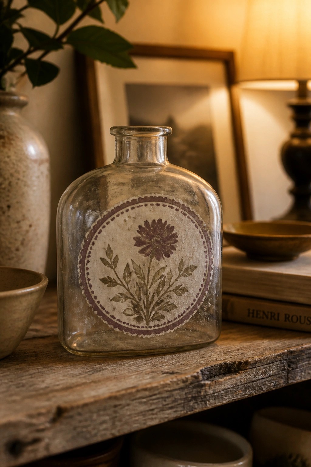 Vintage glass bottle with purple floral design on rustic wooden table