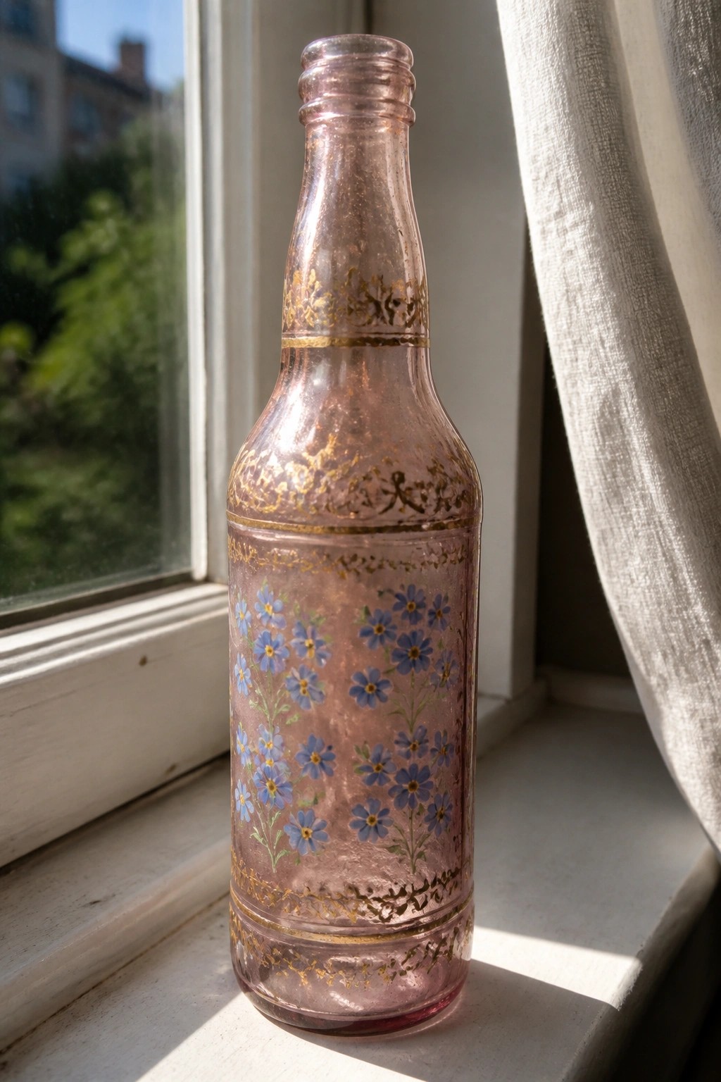 Pink glass bottle with blue flowers and gold trim on sunlit windowsill