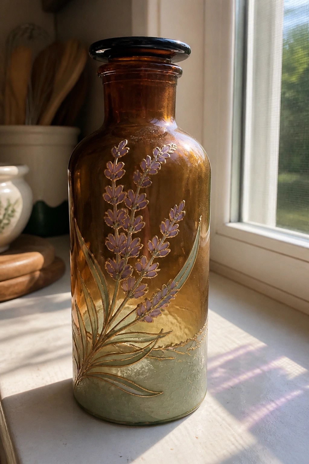 Amber glass bottle with purple lavender flowers and gold accents on windowsill