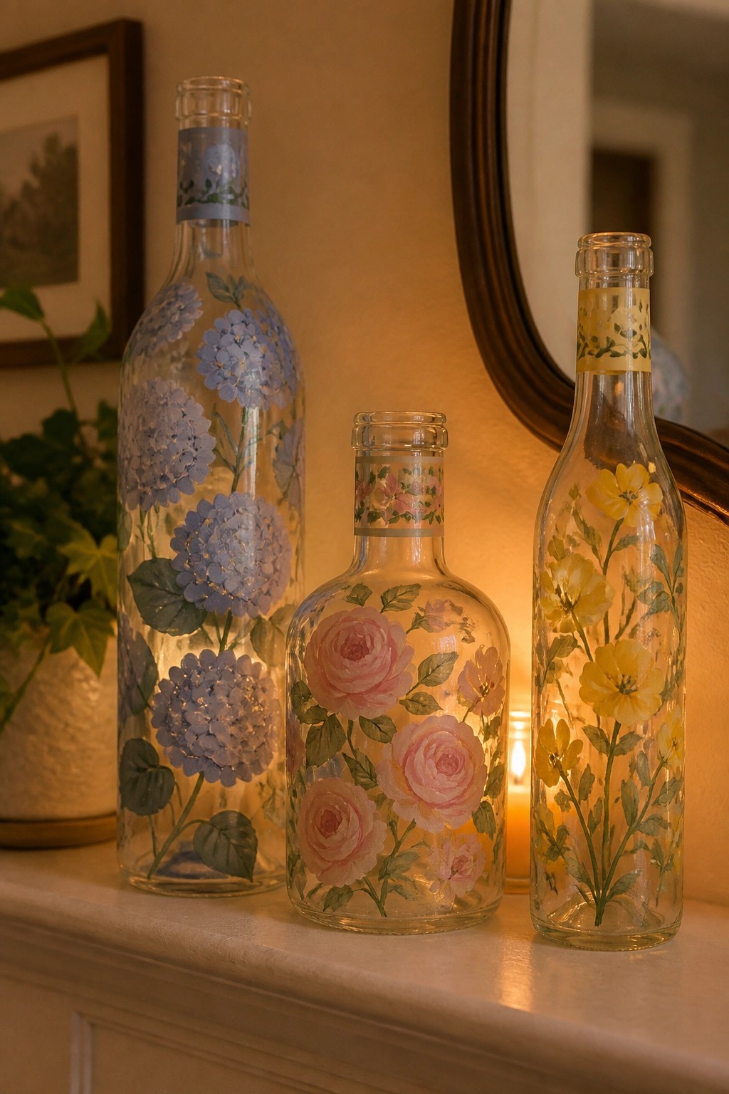 Three glowing glass bottles painted with blue, pink, and yellow flowers on a shelf