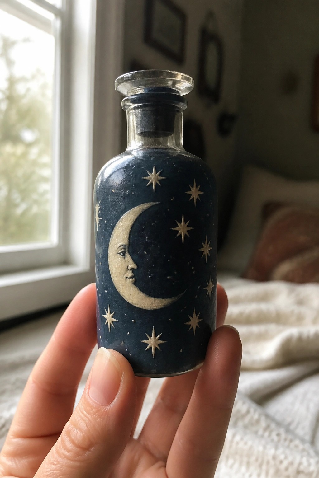 Hand holding small glass bottle painted with crescent moon face and golden stars