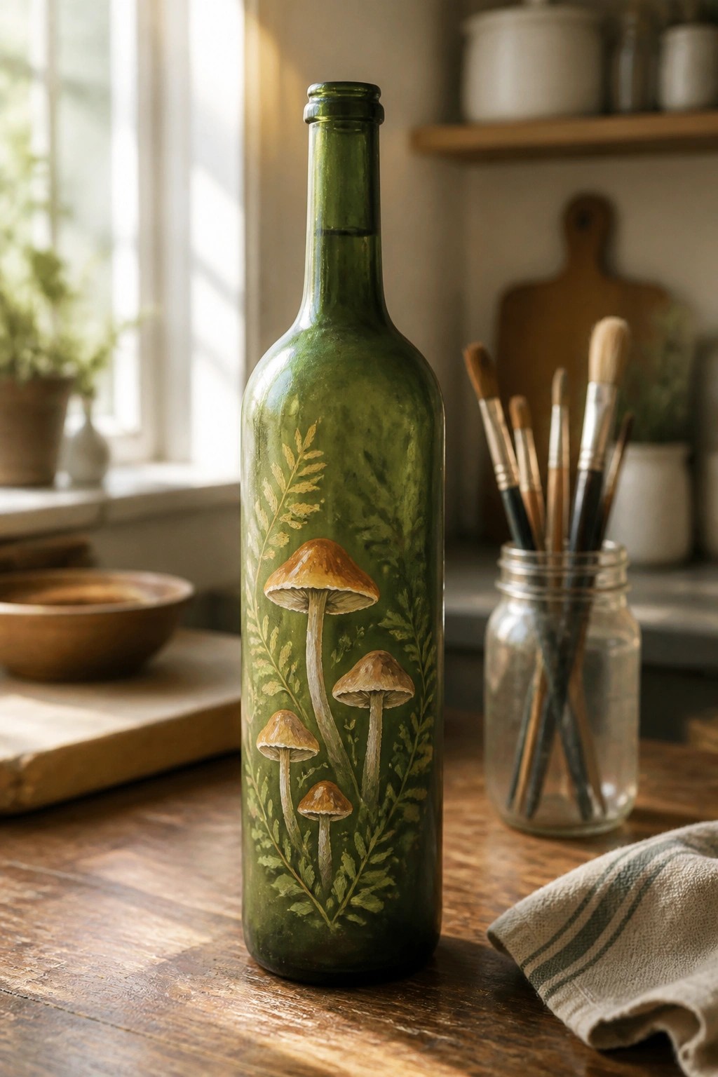 Green glass bottle hand-painted with mushrooms and leaves on wooden table