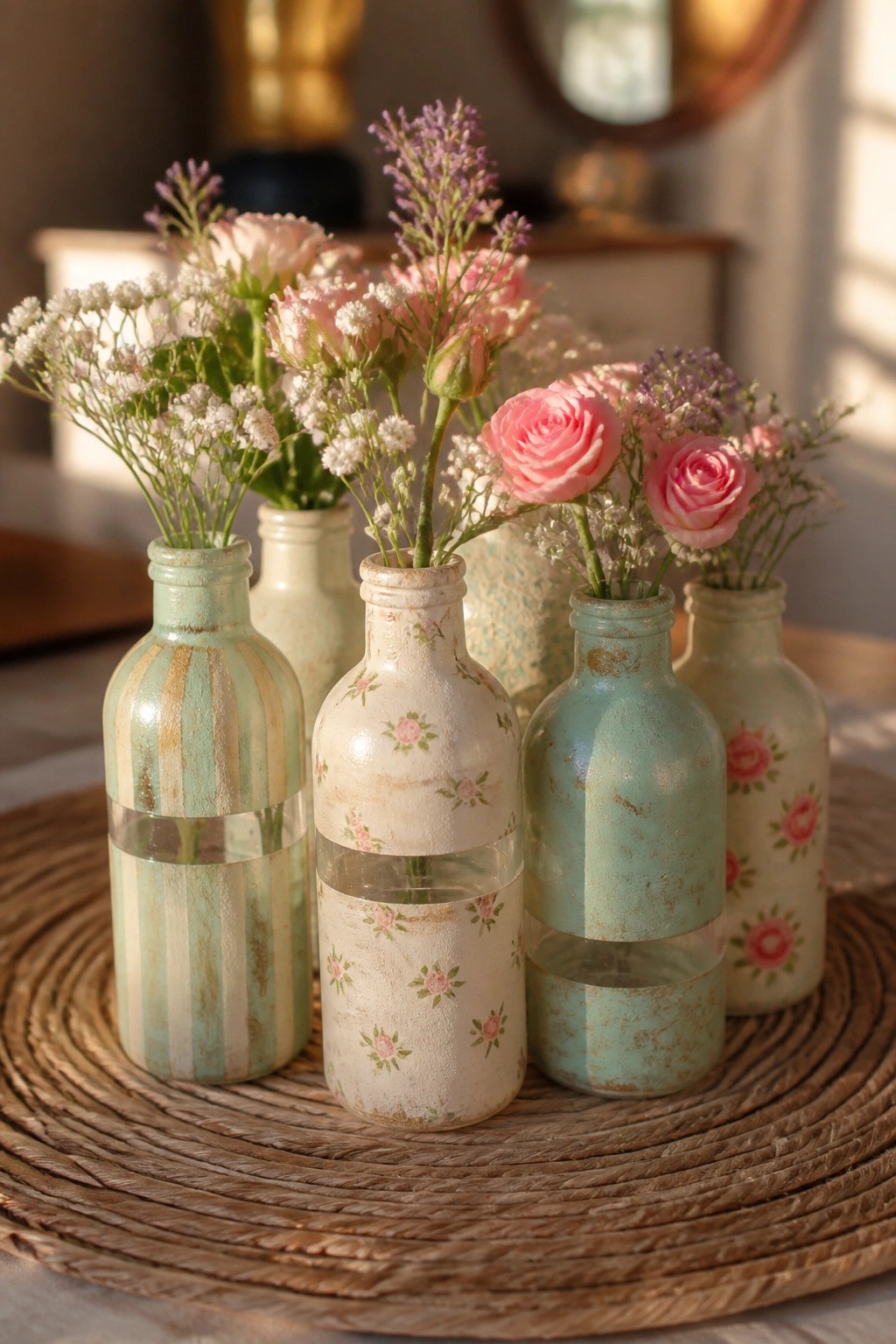 Pastel painted bottles with pink roses and wildflowers on woven placemat