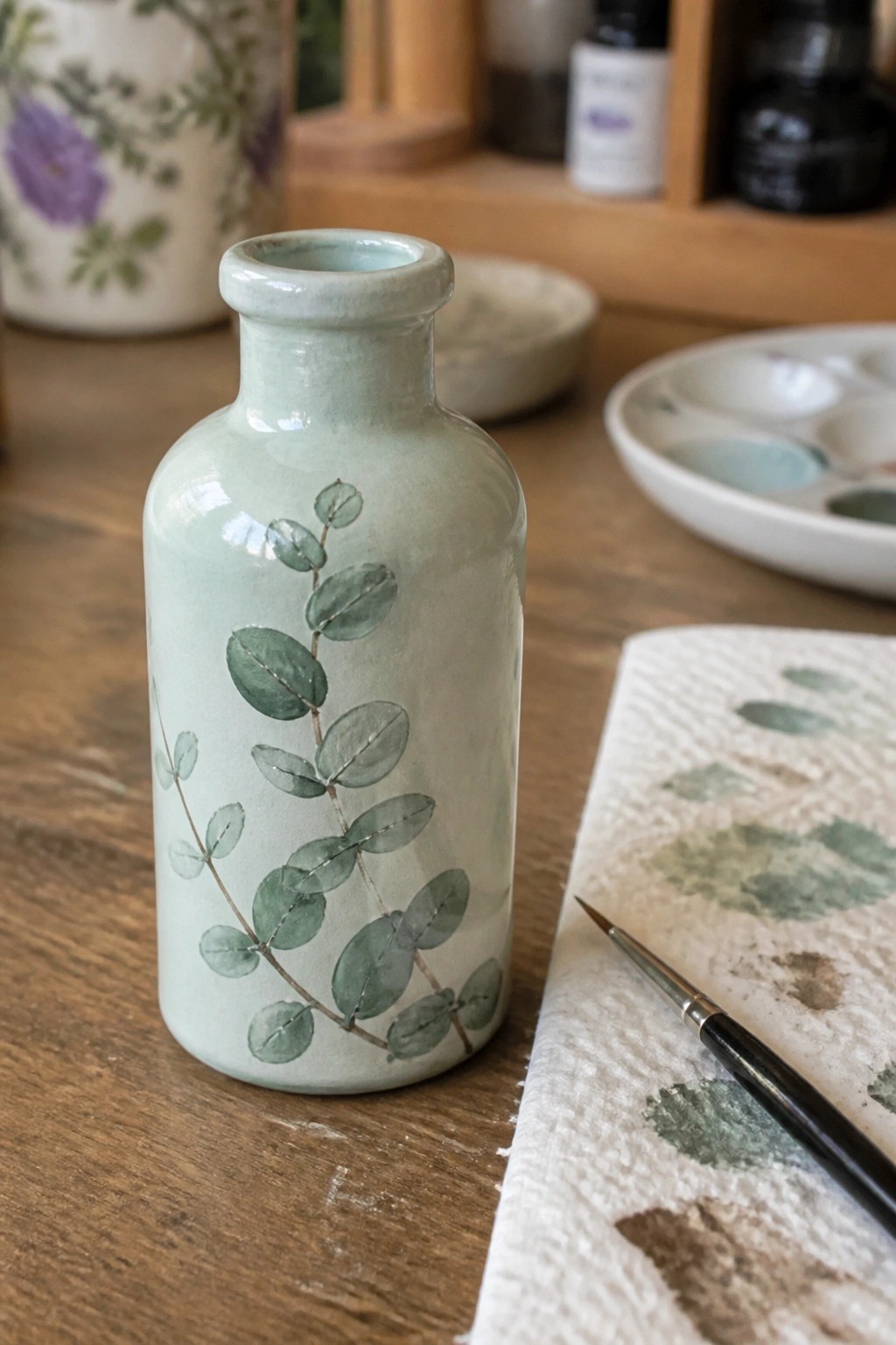 Light green ceramic bottle with painted eucalyptus leaves beside paintbrush on paper towel.