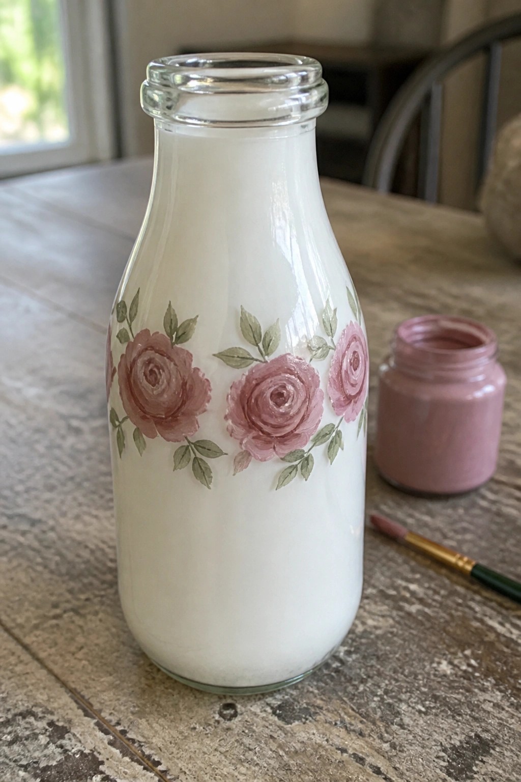 White milk bottle hand-painted with pink roses beside paint jar and brush on wood.
