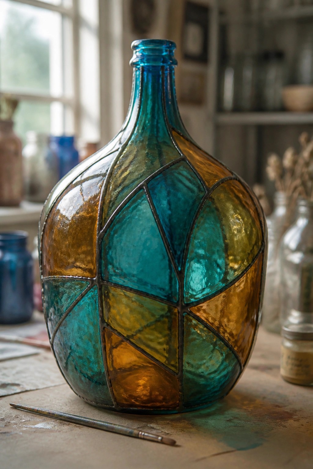 Stained glass bottle in turquoise and amber on wooden studio table with paintbrush